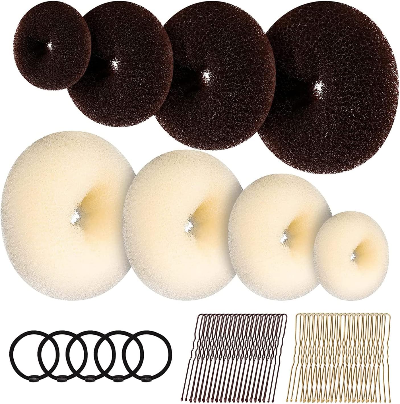 8 Pcs Ring Style Donut Bun Shaper with 40 Hair Pins, 5 Elastic Hair Ties
