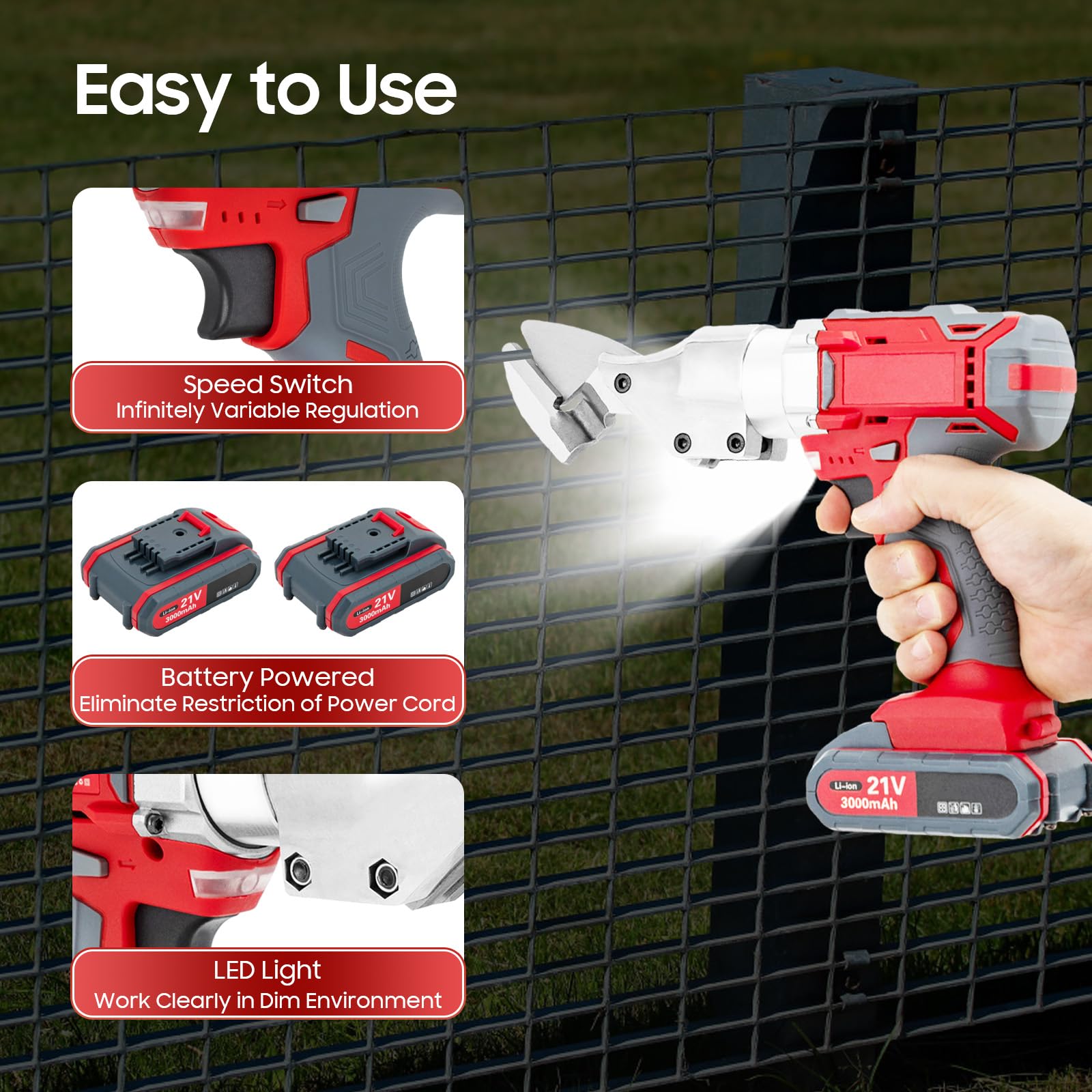 Metal Shear, 21V Industrial Electric Scissors with 2 Speed Adjust, Cordless Heavy Duty Cutting Metal Sheet Iron Tool with LED Light and Replaceable Speed Swivel Head, 600W, 1300r/min