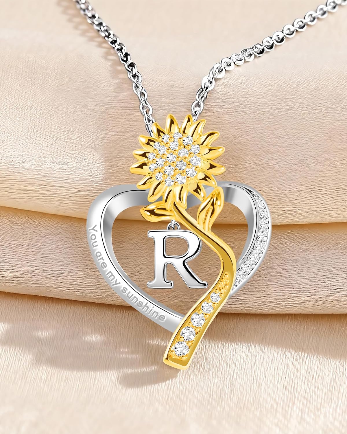 Birthday Gifts for Women Preserved Real Rose with Sunflower Initial Necklace - Birthday Gifts for Women Her Mom Wife on Valentines Mothers Day Christmas Anniversary Romantic with Pendant R