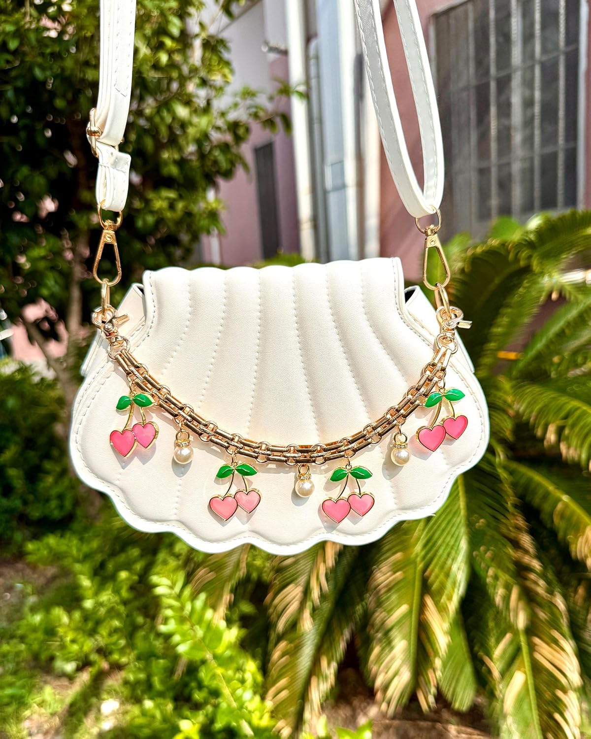 Cute Cherry Bag Chain Keychain with Pearl, Pink Bow Purse Charm, Trendy Handbag Bag Charm Keychain Accessories for Women - Image 4