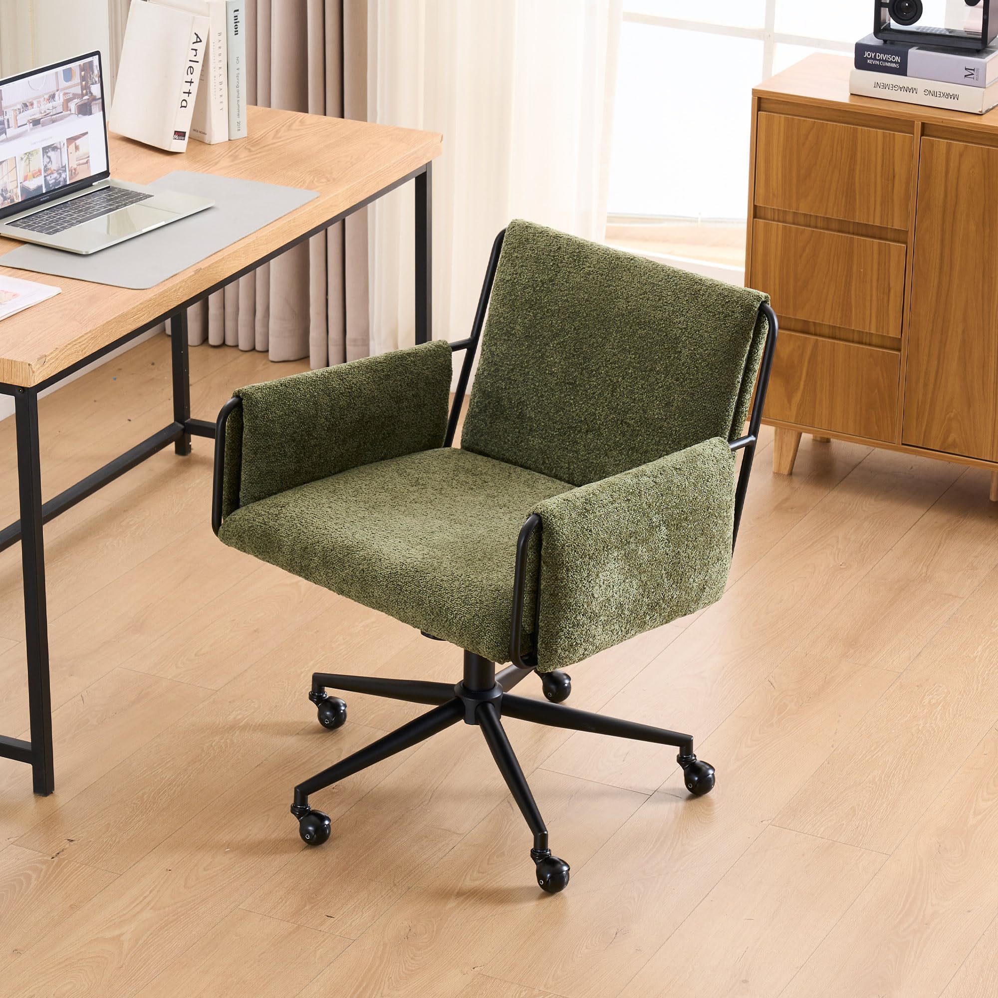 Rowill Modern Office Chair, Swivel Desk Chair, Green Boucle Fabric, Adjustable Height, 300 LBS Capacity, Wheels, Arm Rest, Perfect for Home Office,
