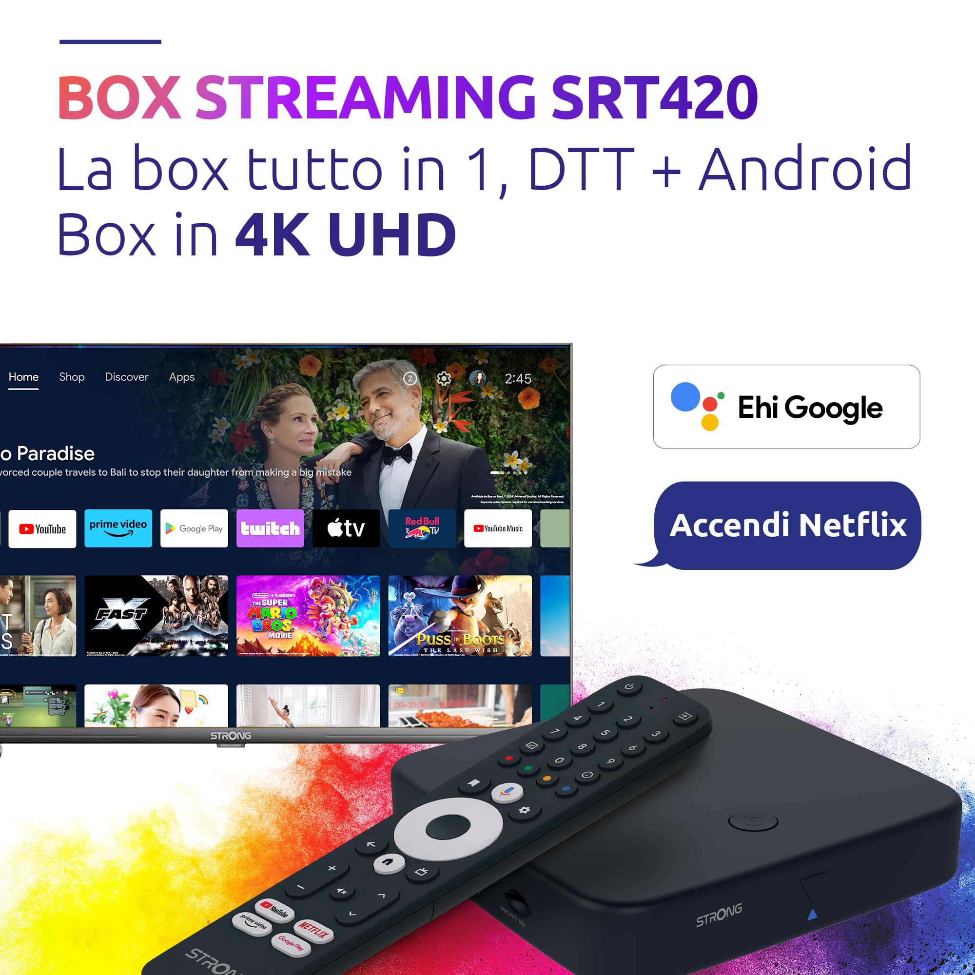 STRONG SRT420 TV Box Android TV 4K Con Porta Ethernet, DVB-T2, 2GB RAM + 16GB Memoria, Chromecast Integrato, WiFi, Assistente Vocale Google, HDR10+, Dolby Audio & Dolby Vision
