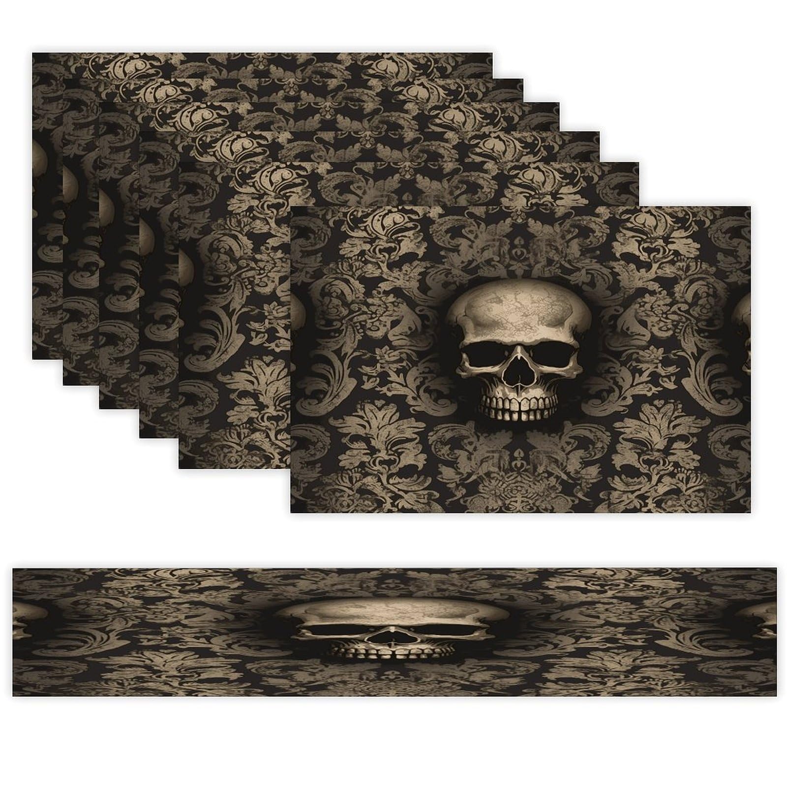 Gothic Wallpaper Skull Table Runner and Placemats Set of 6 for Kitchen Washable Table Mats Heat Resistant Place Mats Non-Slip Place Mat Wipeable Placemat(6 Placemats+1 Table Runner)