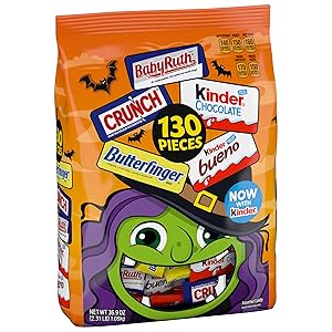 Butterfinger, CRUNCH, Baby Ruth, 100 Grand, Kinder Bueno, Kinder Chocolate, Halloween Candy Fun Size, 130 Minis, 25.9 oz
