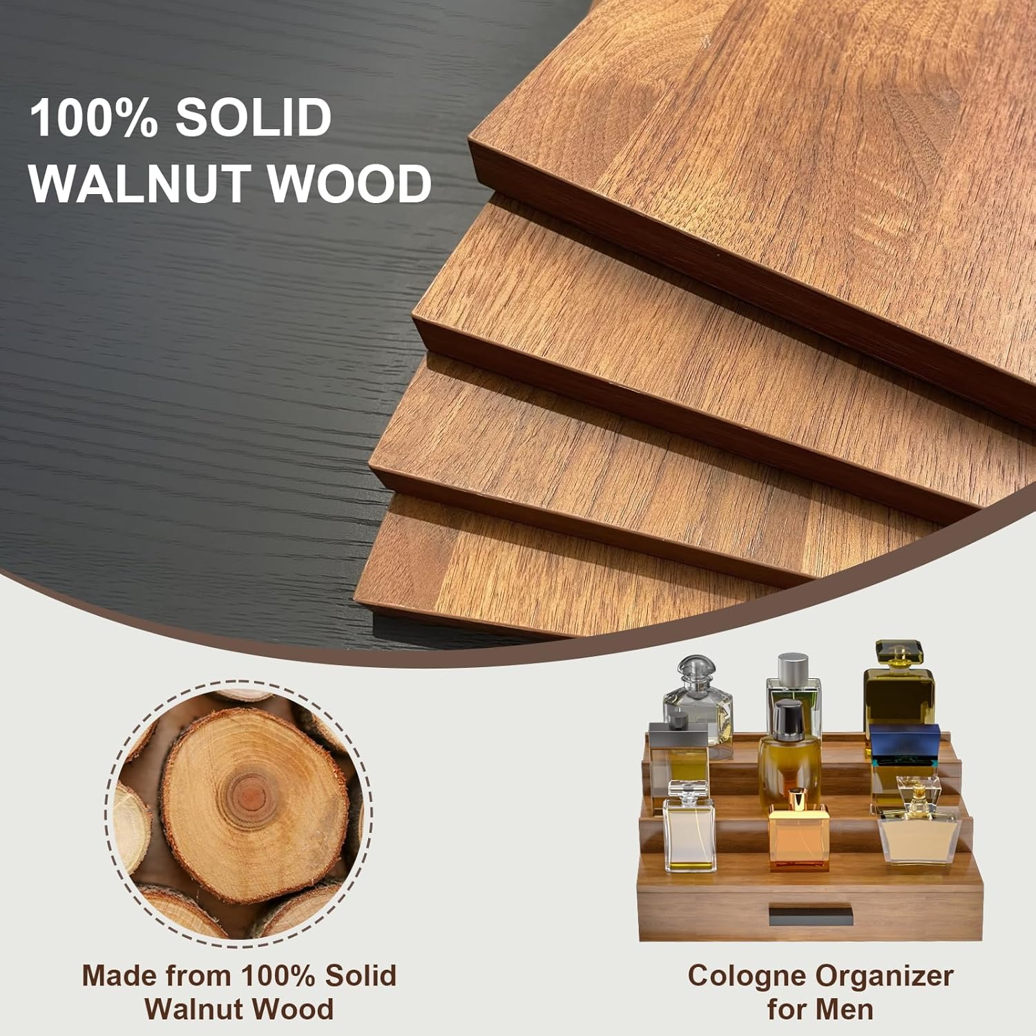 Walnut Wood Cologne Organizer for Men 3 Tier Cologne Stand,Wooden Cologne Holder Display Shelf with Hidden Compartment and Drawer,Perfume Organizer Great Gift for Men