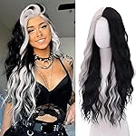 WECAN Black and White Wig-Long White and Black Wigs for Women Natural Wavy Synthetic Wig Heat Resistant Fiber Wigs for Daily Party Halloween Cosplay