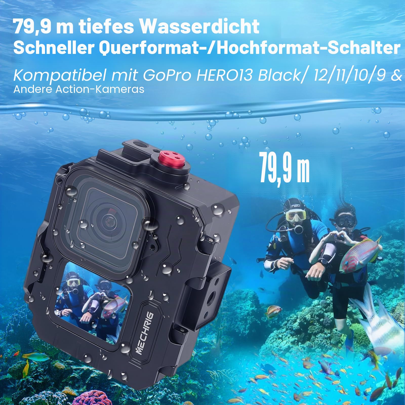 Wasserdichtes Aluminiumgehäuse für GoPro HERO13/HERO12/HERO11/HERO10/HERO9 Action-Kamera, 80 m tief, wasserdicht, Schalter (Standard-63071)