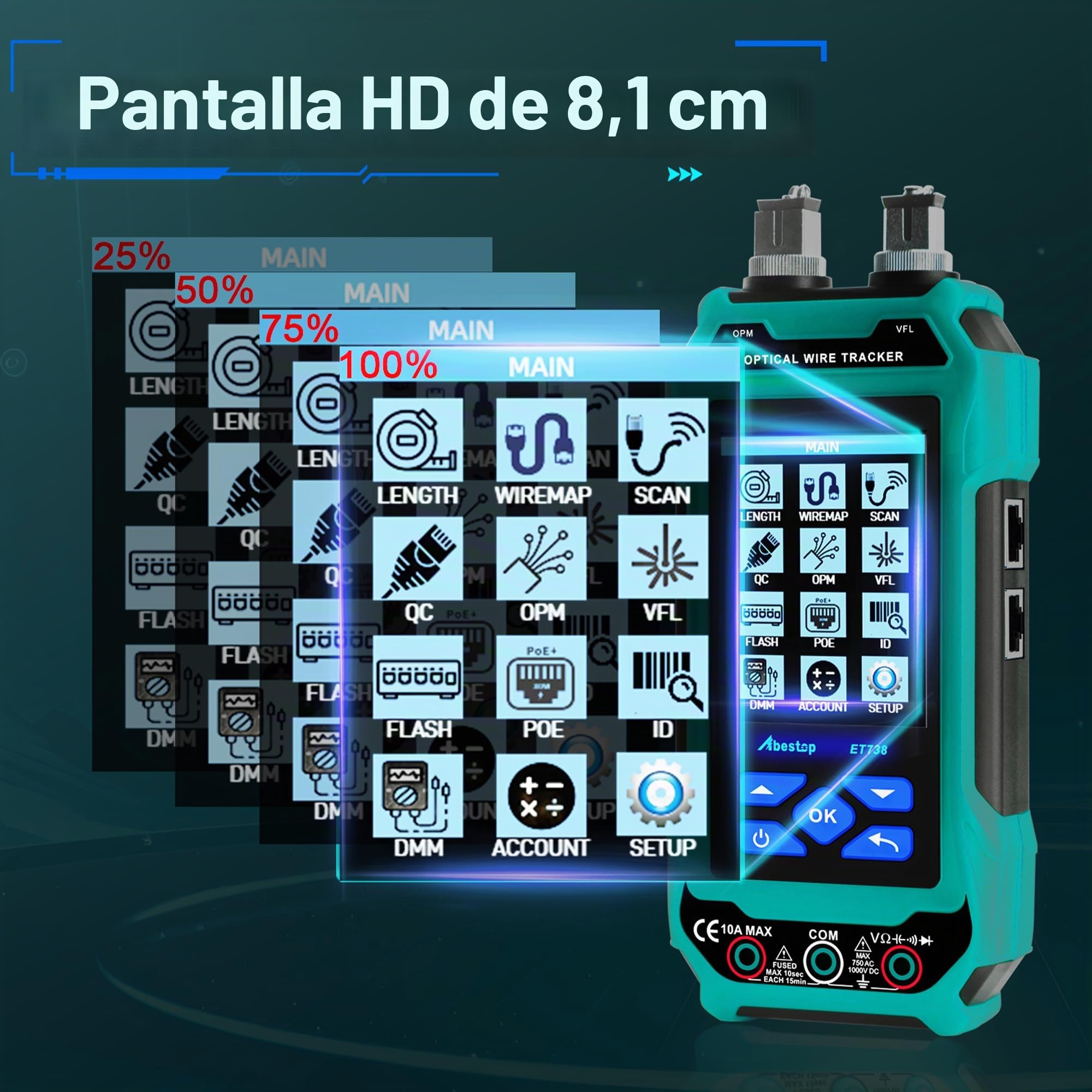 ET738 Comprobador de cable de red con multímetro Múltiples funciones | Función PoE Cable Óptico Medidor Tracer Longitud Cable Medición
