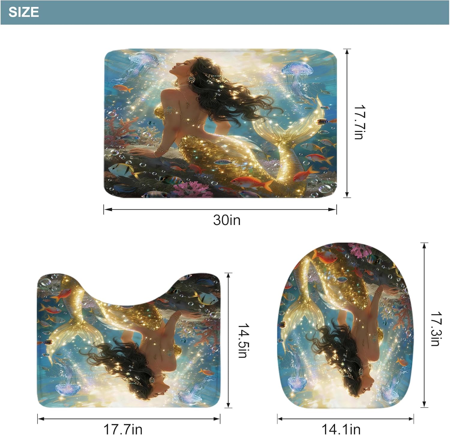Riyidecor Mermaid 4Pcs Bathroom Shower Curtain Sets Beautiful Girls Kids Ocean Bathroom Decor Set with Rugs and Accessories Sunshine Jellyfish Toilet Lid Rug, Contour and Bath Mat with 12 Hooks