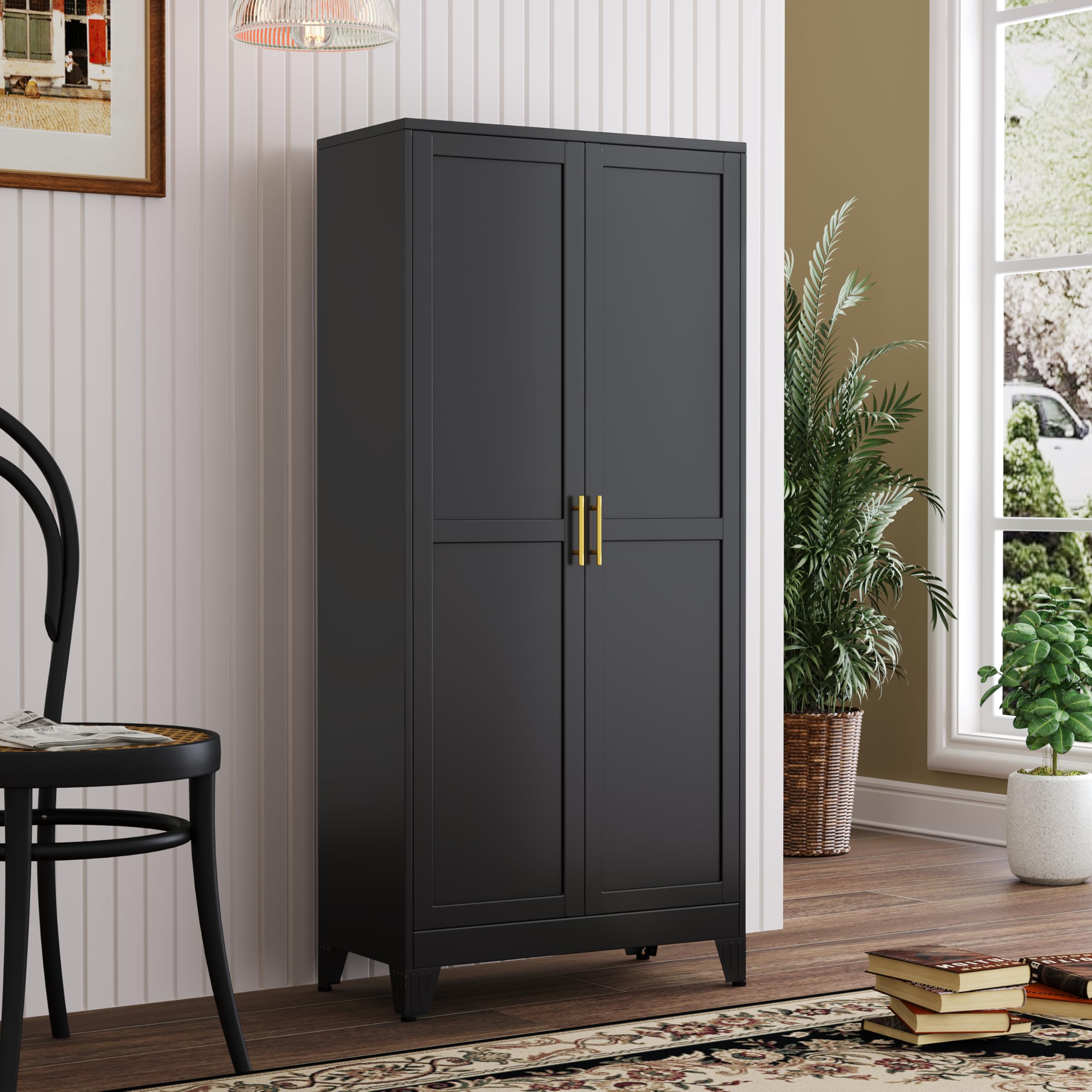 PAOFIN Metal Kitchen Pantry Storage Cabinet with 2 Doors and 3 Adjustable Shelves,Pantry Cabinet with Adjustable Leveling Foot for Kitchen, Living