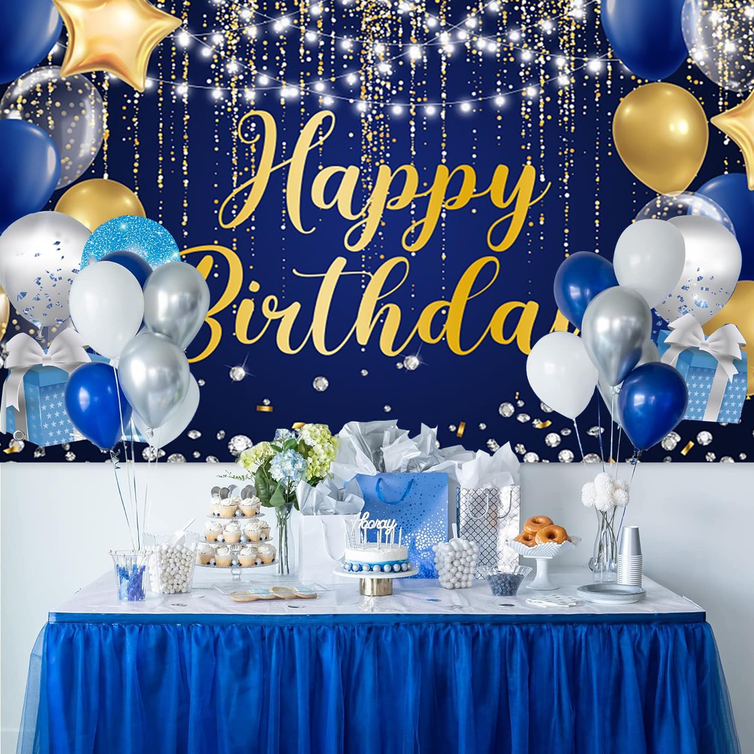 4,6 x 2,7 m blauer Hintergrund "Happy Birthday" mit blauen goldenen Glitzern, silbernen Punkten, Sternen, Luftballons, Geburtstag, Fotografie, Hintergrund, Jungen, Männer, Geburtstagsparty