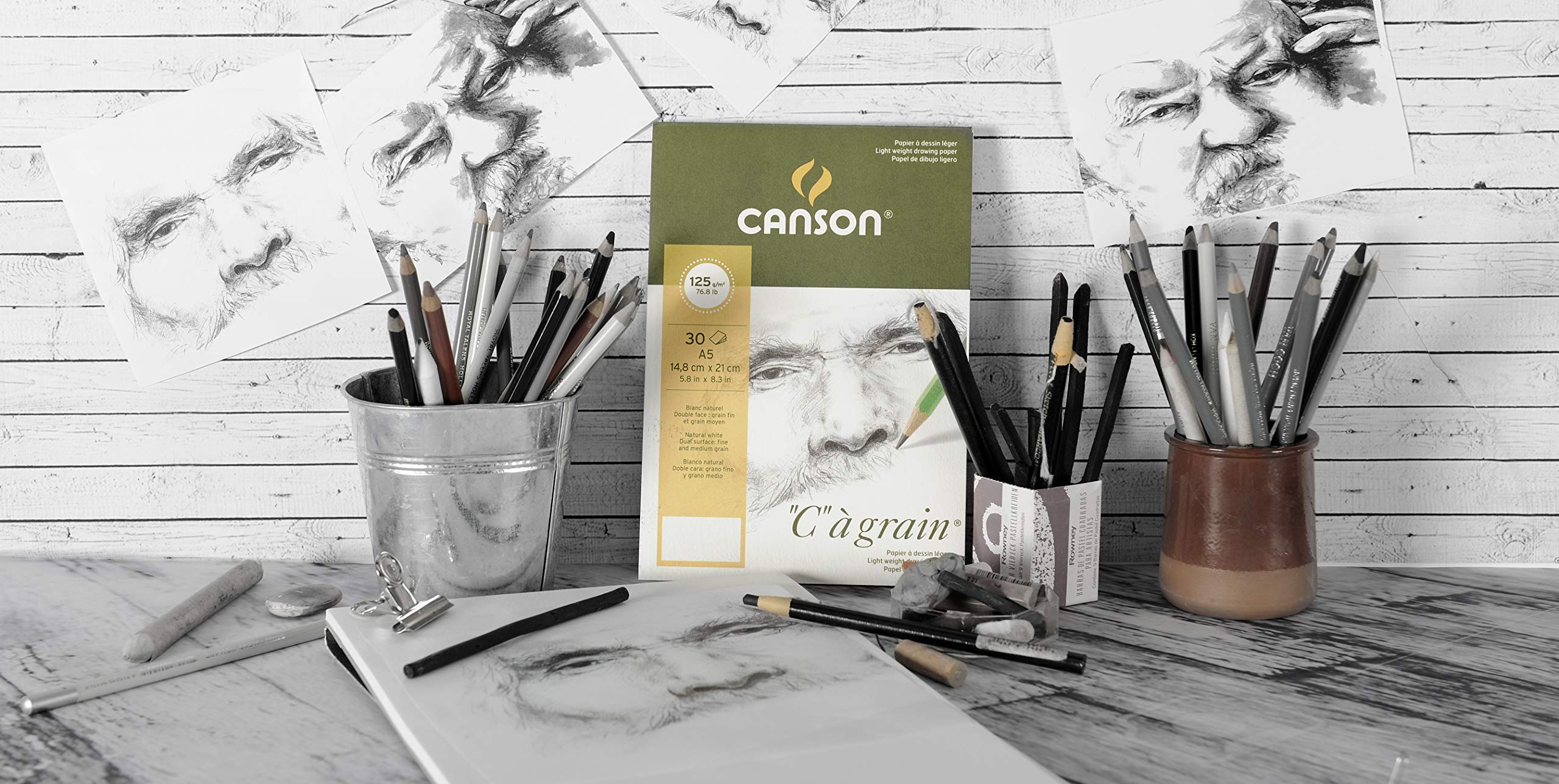 Canson Blocco Da Disegno C à Grain A4+ – 30 Fogli 224g/m² – Leggermente Ruvido, Carta Premium, Spirale Lato Corto (210x322 Mm)