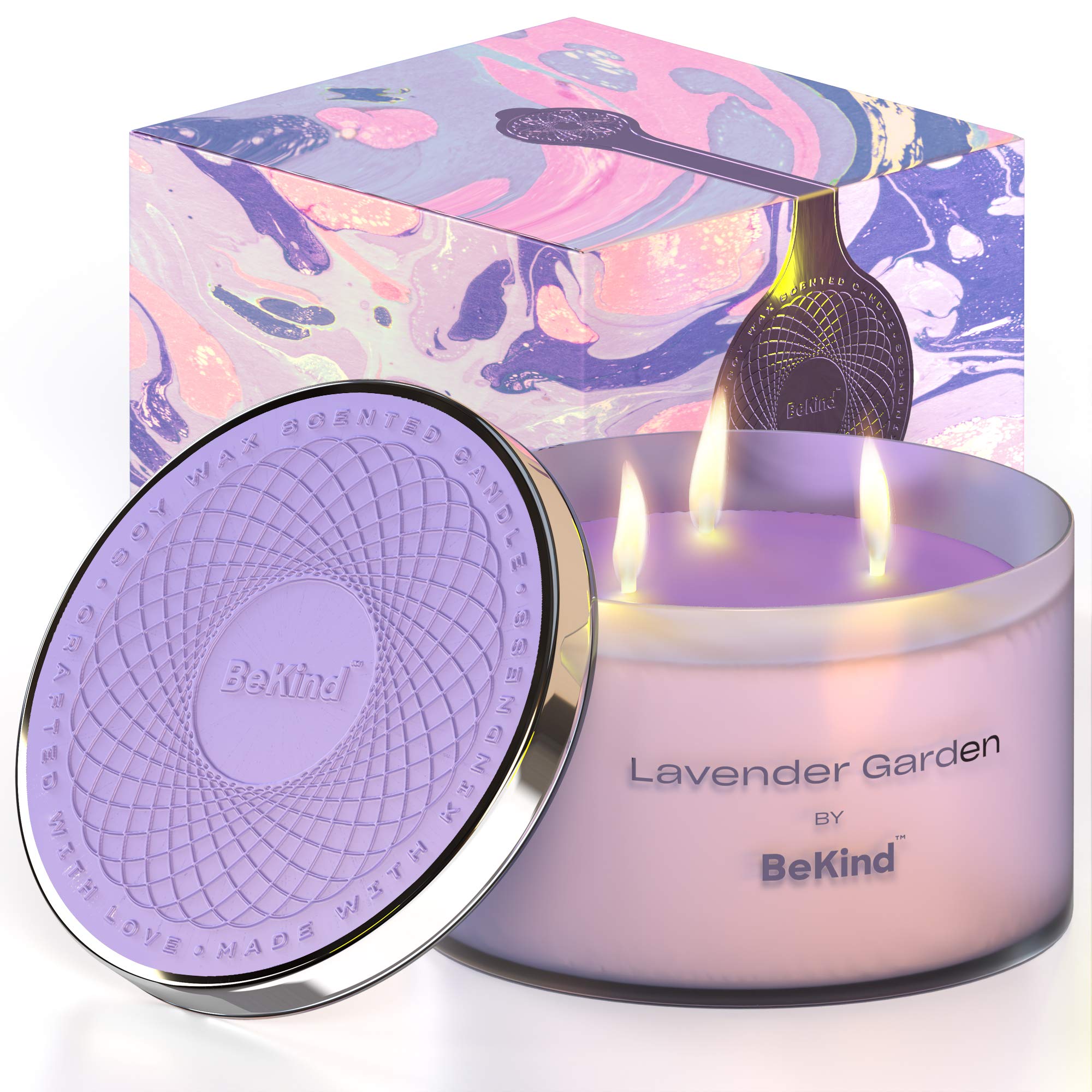 Bekind Lavender Garden Large Jar Candles- 3-Wick Scented Candle for Home, Relieving Candle Aromatherapy - Natural Soy Wax and Fragrance for Women, Mom, Best Friend, Birthday - 14oz