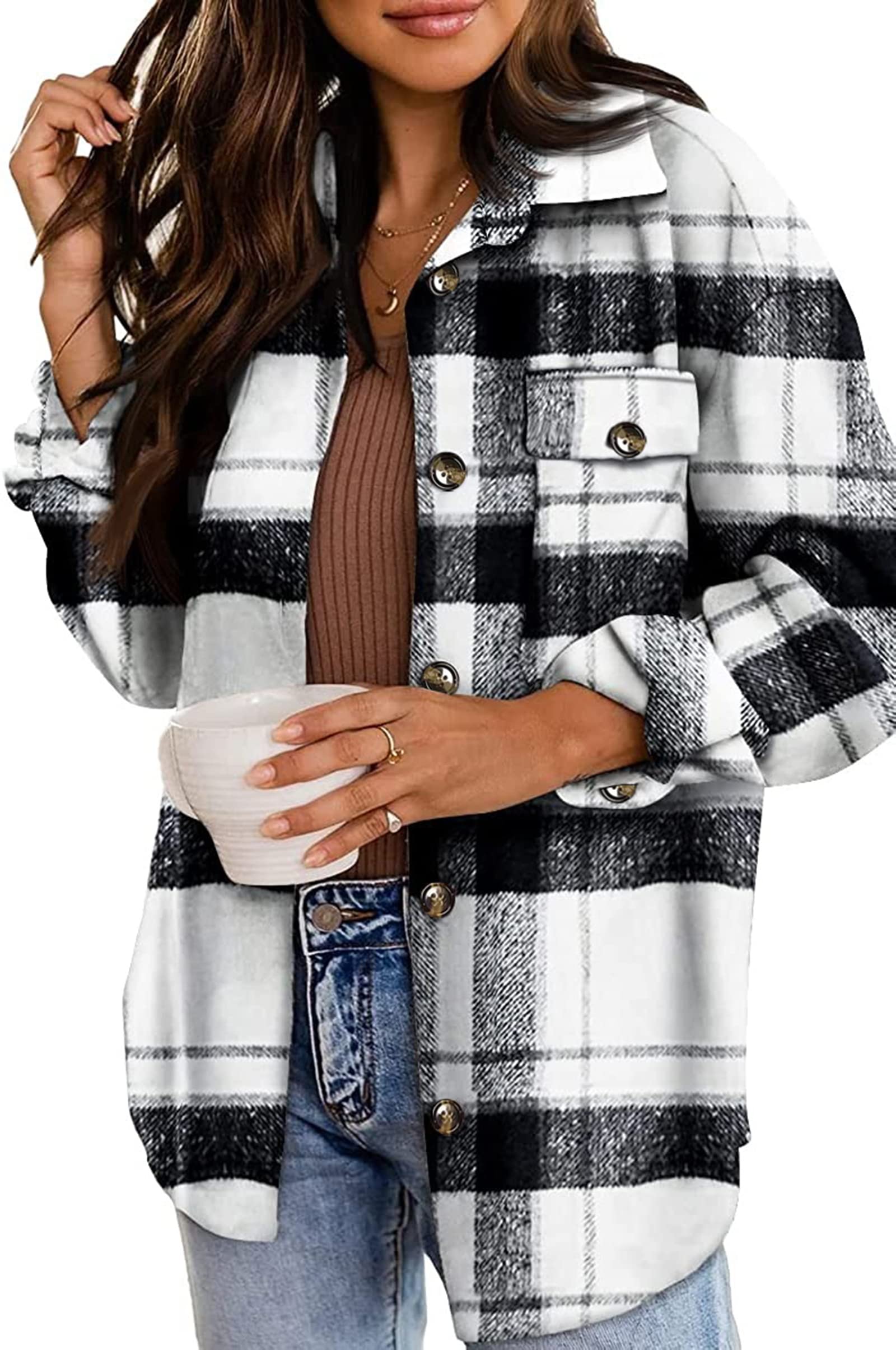 Jhsnjnr Women's Plaid Shirts Long Sleeve Flannel Lapel Button Down Shacket Jacket Coats