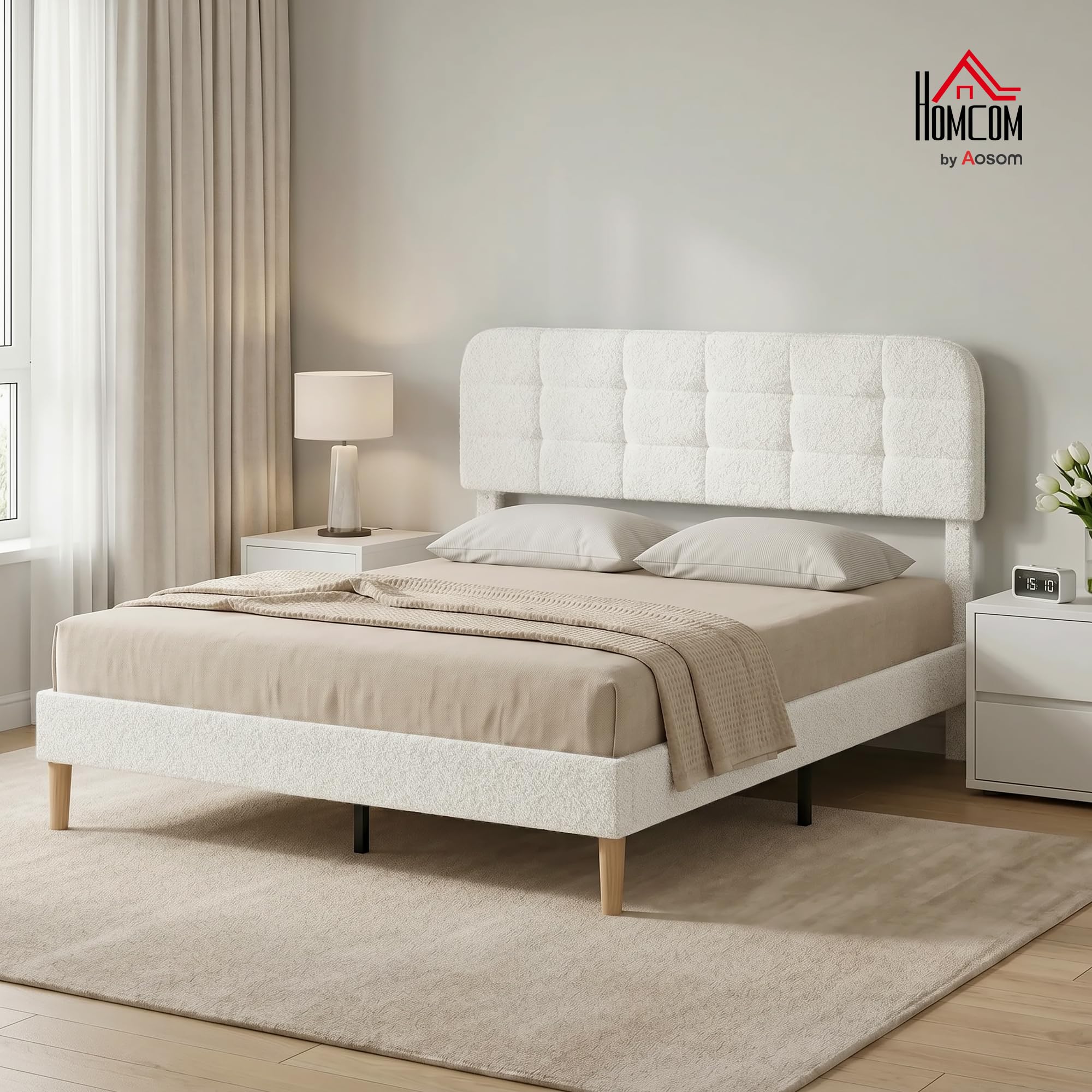HOMCOM Cadre de lit 160 x 200 cm avec sommier, Tête Réglable, Blanc | Lit Double Rembourré Velours Boucle, Support à Lattes en Bois, Rangement au-dessous, Sans Bruit, Montage Facile