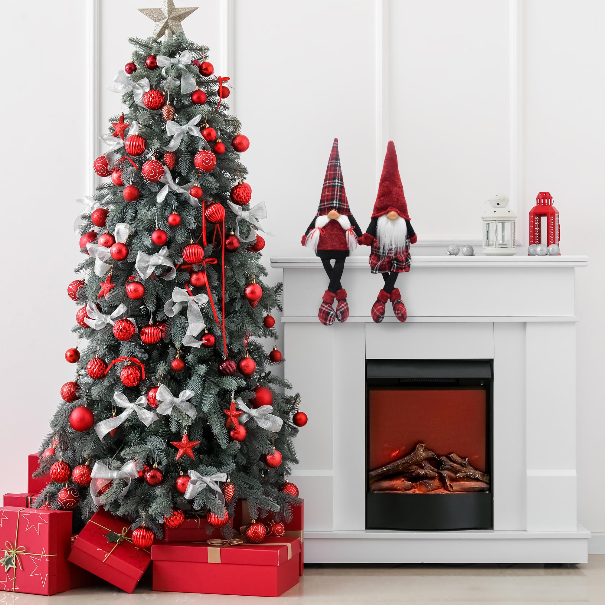 GNOME - Set Di 2 Sgabelli A Forma Di Gnomo Natalizi 72 Cm: Decorazione Interni Scandi Con Cappello E Scarpe A Quadretti, Rosso Pomodoro