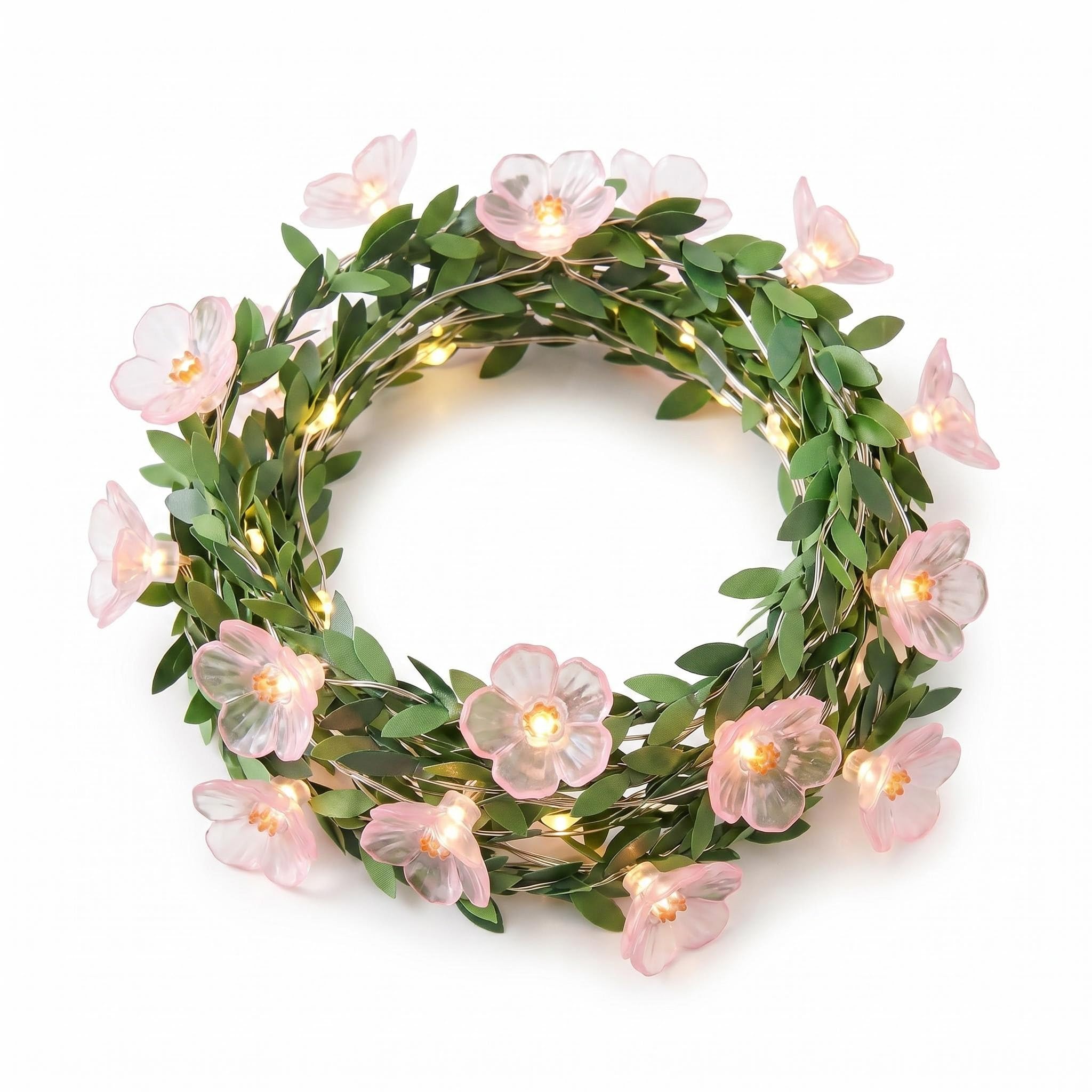 DiiWmme 2M Green Leaf Cherry Blossom Fairy Lights 20 LED,Battery Operated Flower String Lights for Bedroom Decor,Indoor Spring Christmas Decorations,Romantic Gift for Girls Room,Wedding,Party (Pink B)