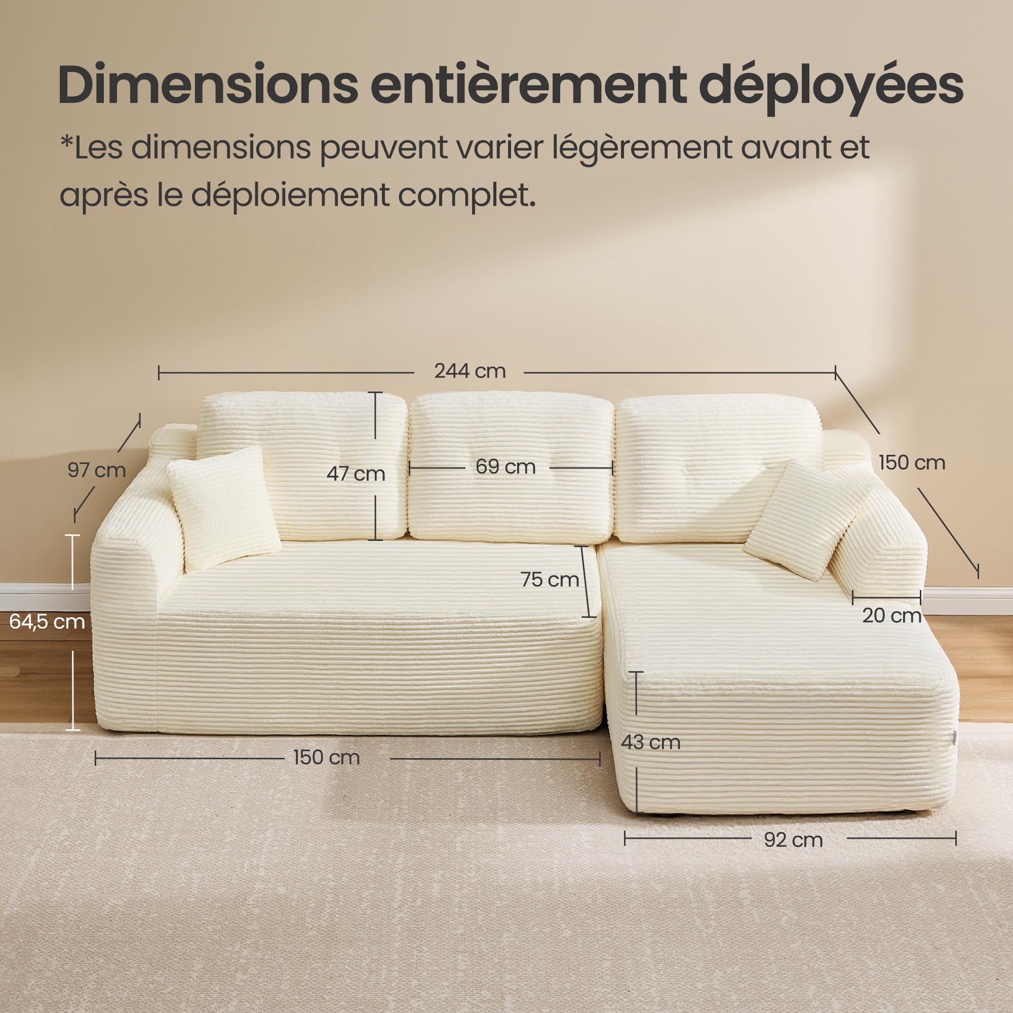 VASAGLE Canapé d’Angle, Canapé Modulable 244 cm, Livré Compressé en Colis, sans Montage, avec Grande Méridienne à Droite, pour Salon, Chambre d’Amis, Blanc Crème LCS184WD01