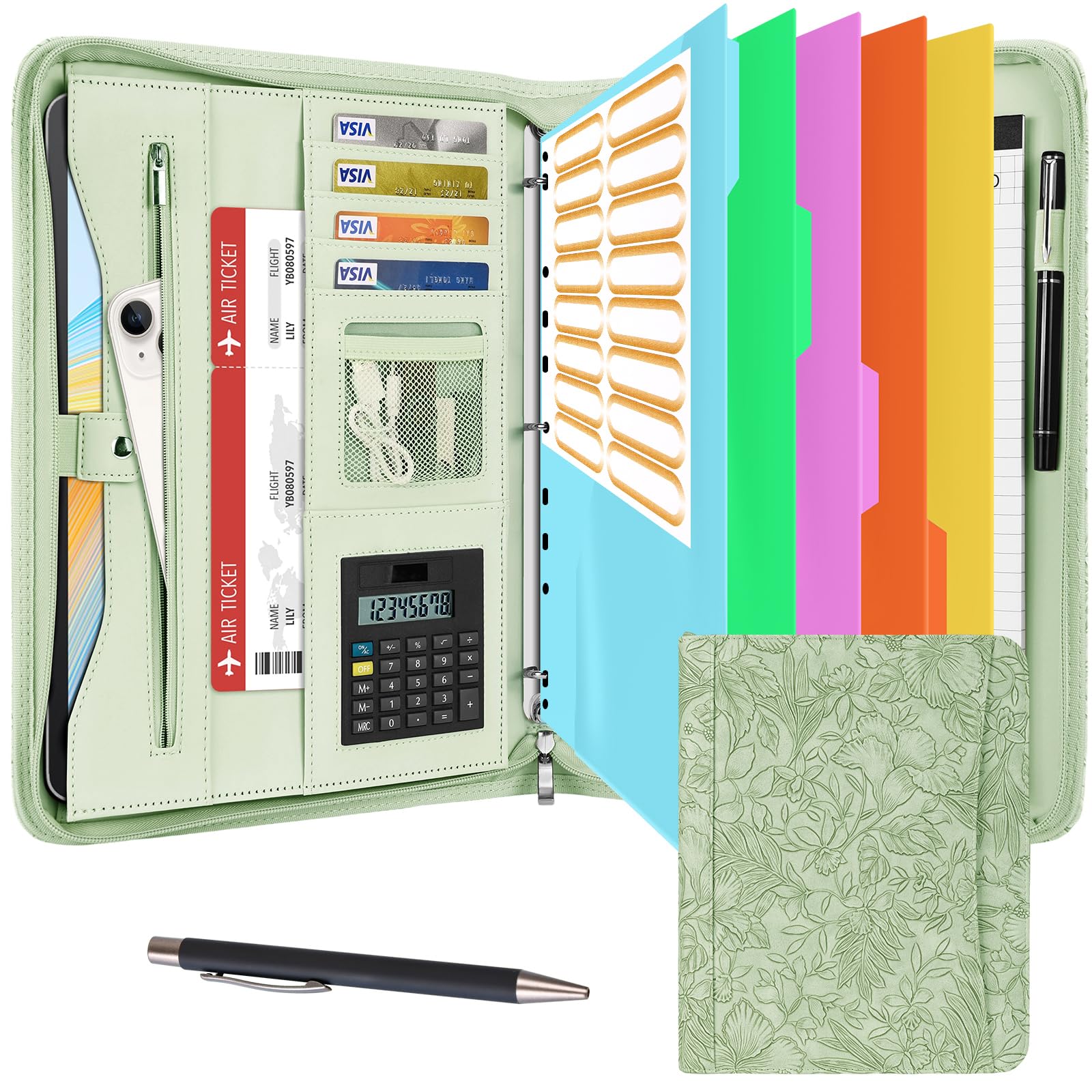Eshow Portfolio Organizer - 3 Ring Binder with Zipper, Vegan Leather Business Padfolio Folder with Notepad Includes 5 Color Sheet Protectors for Documents Files for Men Women