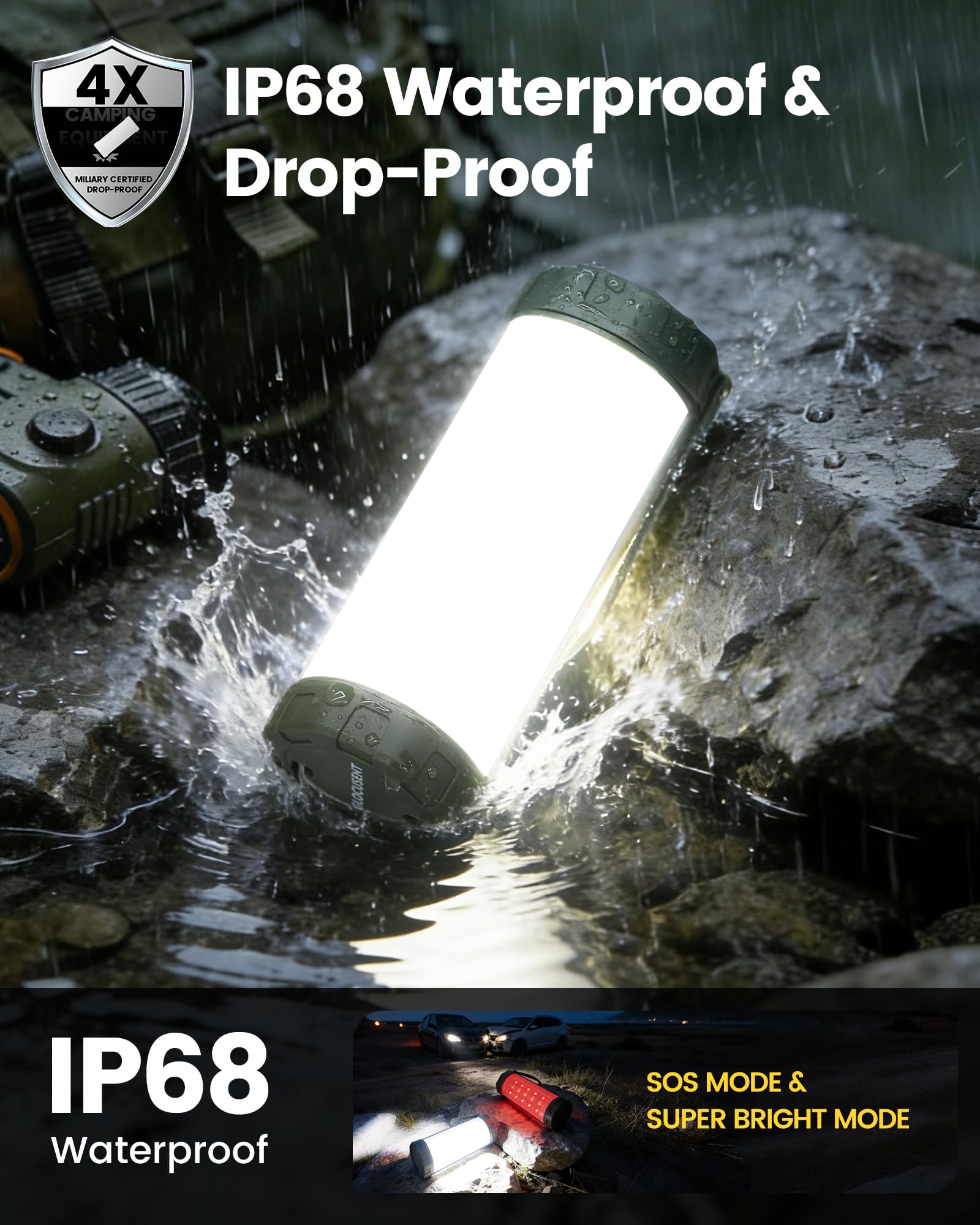 Glocusent Lanterna da Campeggio 106LED con 5 Luminosità 3 Modalità, 1200LM Lampada Ricaricabile 5000 mAh per 120 Ore, Impermeabile IP68, per Campeggio, Escursionismo, Pesca, Emergenza, Tenda (Verde)