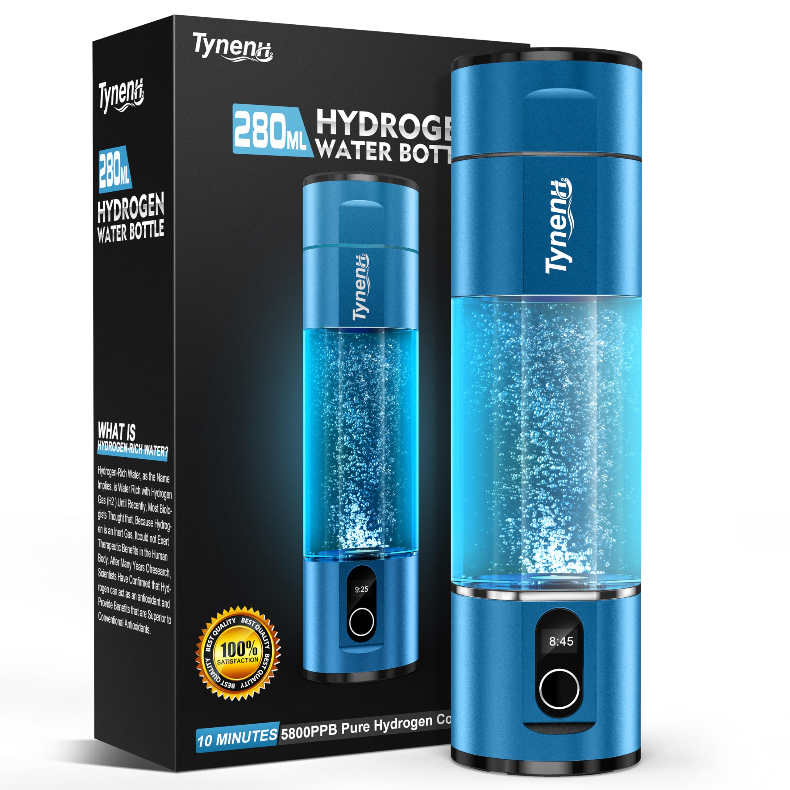 Portable Hydrogen Water Bottle Generator: 280ML Water lonizer Machine with 5800PPB+,SPE/PEM Technology,5/10min,Rechargeable Aquahealth Hydrogen Water,for Travel,Office Fitness Drinking(Blue)