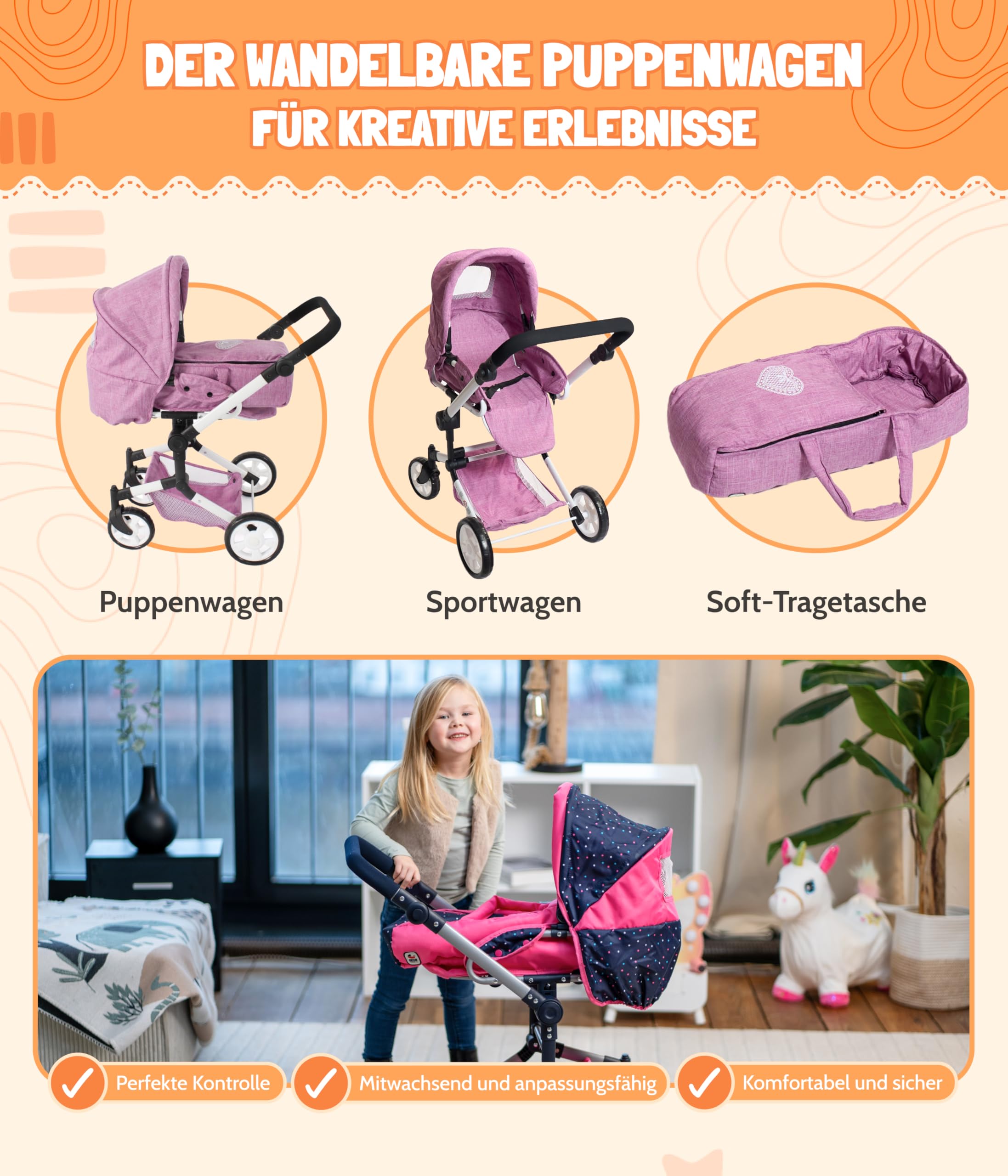 Bayer Chic 2000® wózek dla lalek Jara 3 w 1, różowy, składany, uchwyt z regulacją wysokości 47-78 cm, torba transportowa, lalki do 52 cm, 4-8 J.