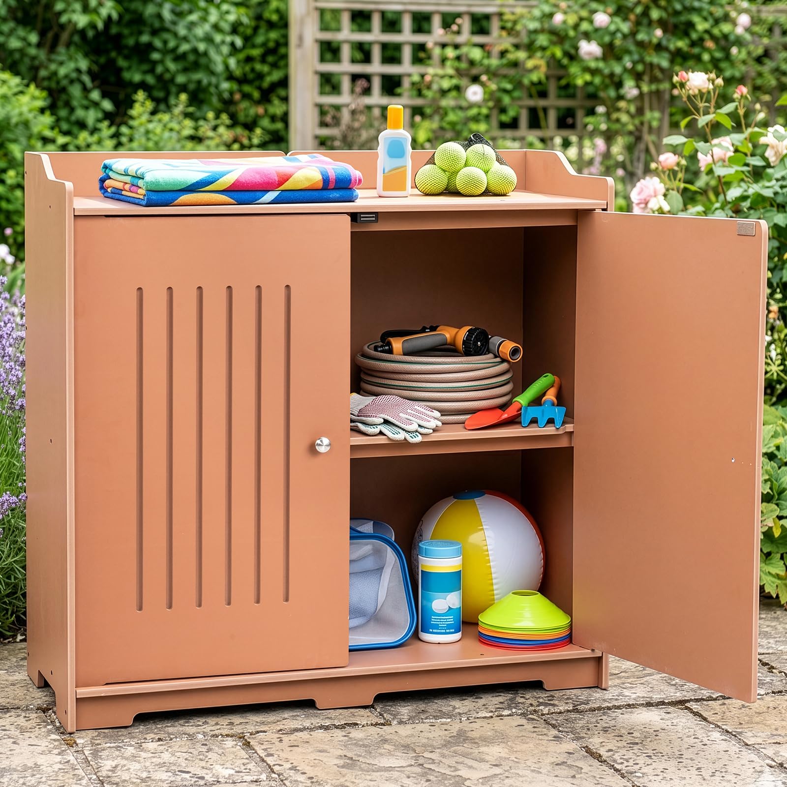 Gartenschrank mit Pflanztisch, Gartenschrank wetterfest Outdoor, 97 x 39 x 95 cm, Hochwertiges PVC-Material, Leicht zu pflegen und zu reinigen, braun