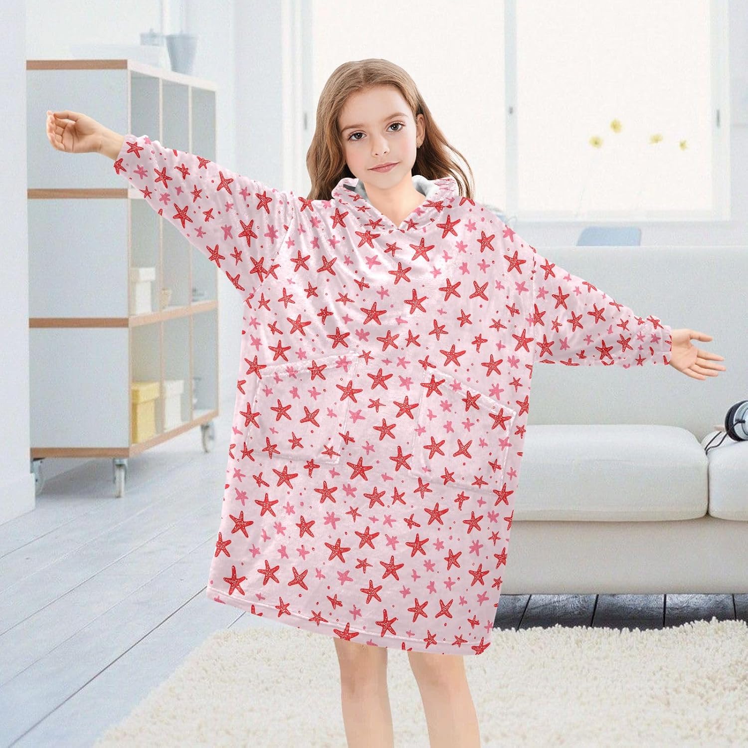 Starfish Red Pattern Wearable Blankets for Kids, Soft Warm Cozy Blanket Hoodie for Boys Girls with Pocket