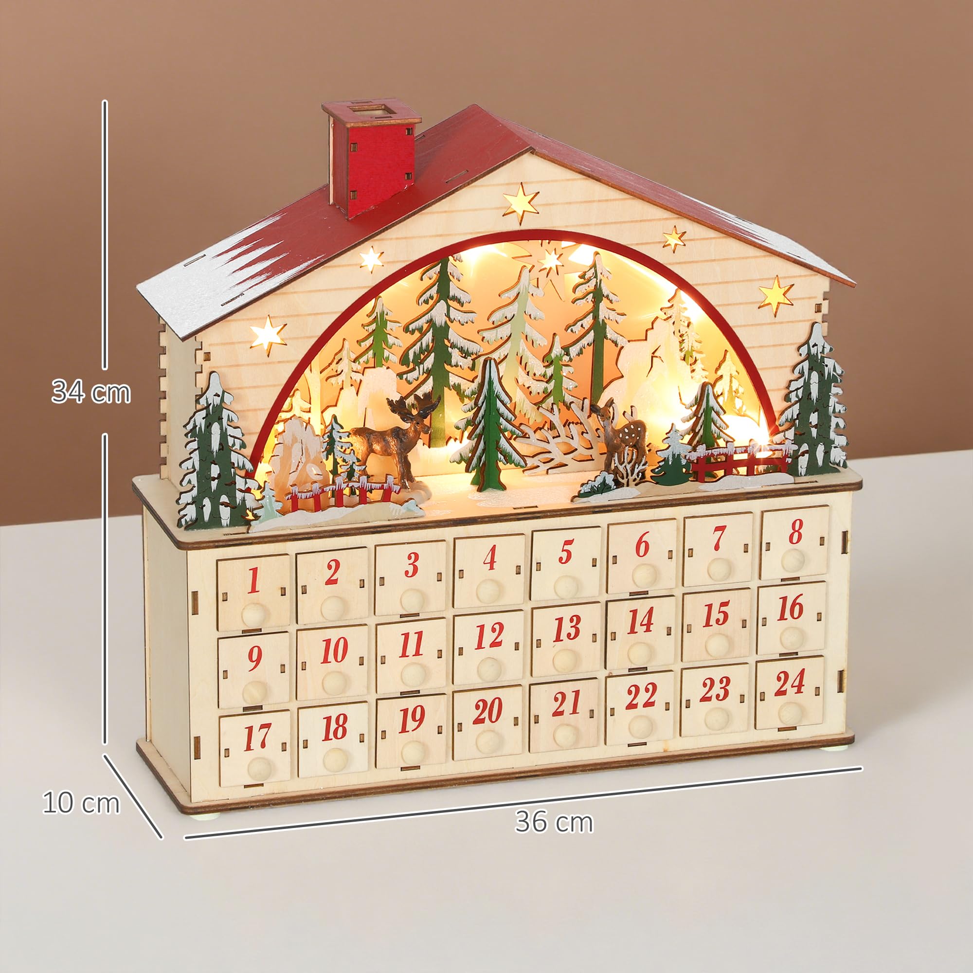HOMCOM Calendario de Adviento para Rellenar de Madera, con Luces LED y 24 Cajones, Calendario de Adviento de Navidad Reutilizable con Escena de Pueblo, Decoración Navideña, 36x10x34 cm, Natural