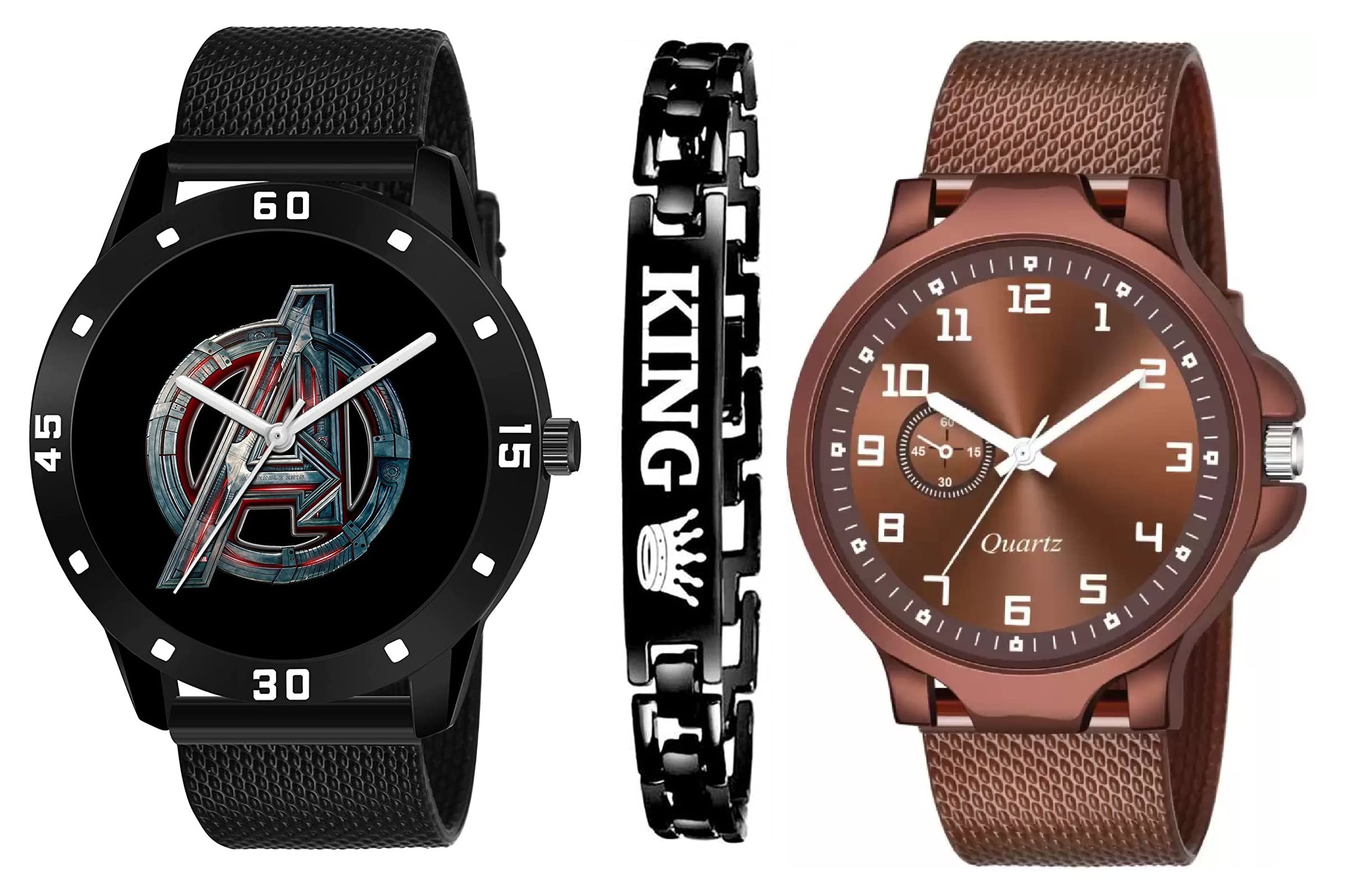 K Vajir Analogue Multicolour Avenger Watch with King Bracelet and Multicolour Pu Strap Combo Watch for Boys and Man(Pack of 3) (Black-Brown) (B0BGQ3HVVP) Amazon Price History, Amazon Price Tracker