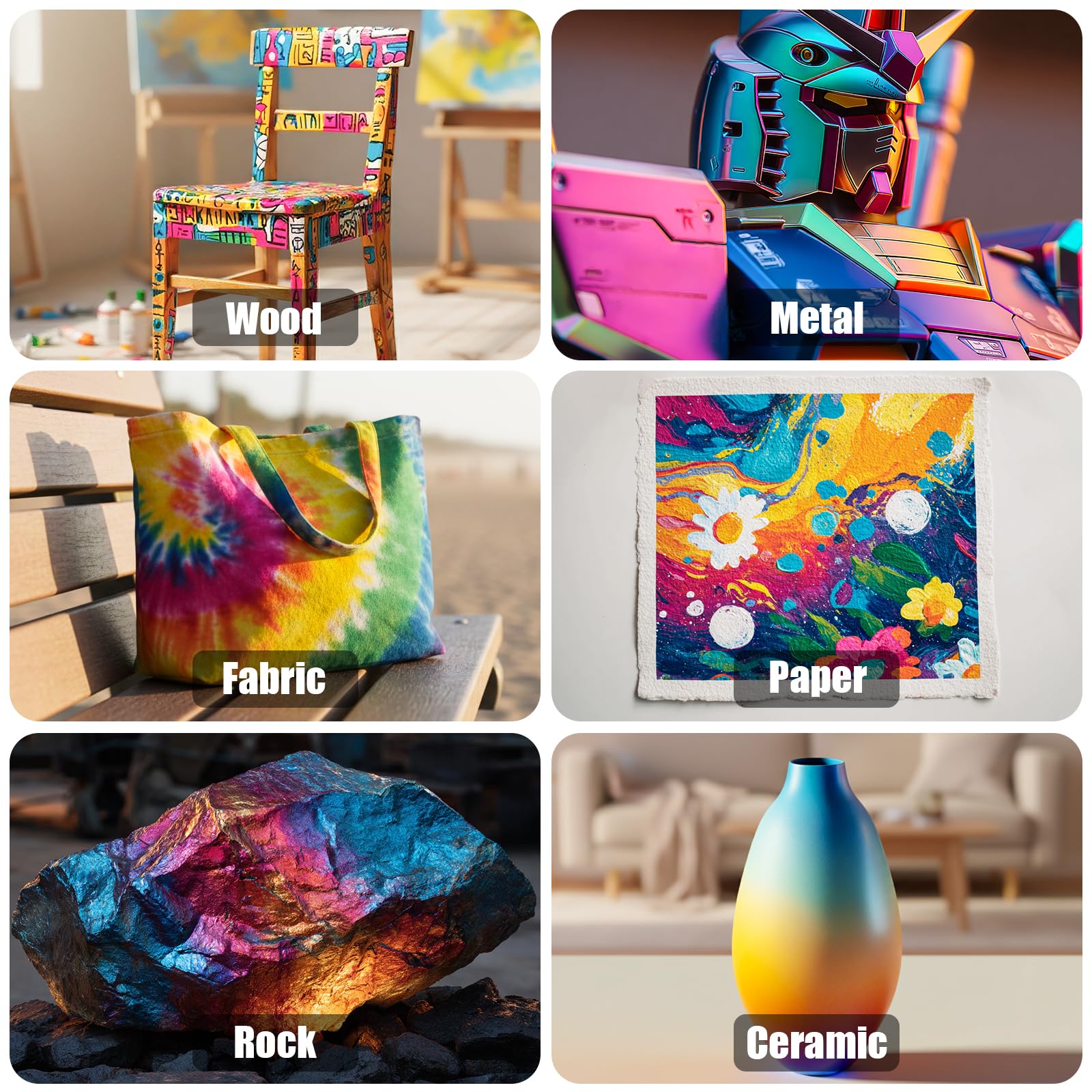 FansArriche Airbrush Farben, 48 Farben und 4 Verdünnern und 2 Grundierungen, 30 ml/Flasche, Wasserbasierte, Metallic, Neon und Iridescent-Acryl Airbrush Farben