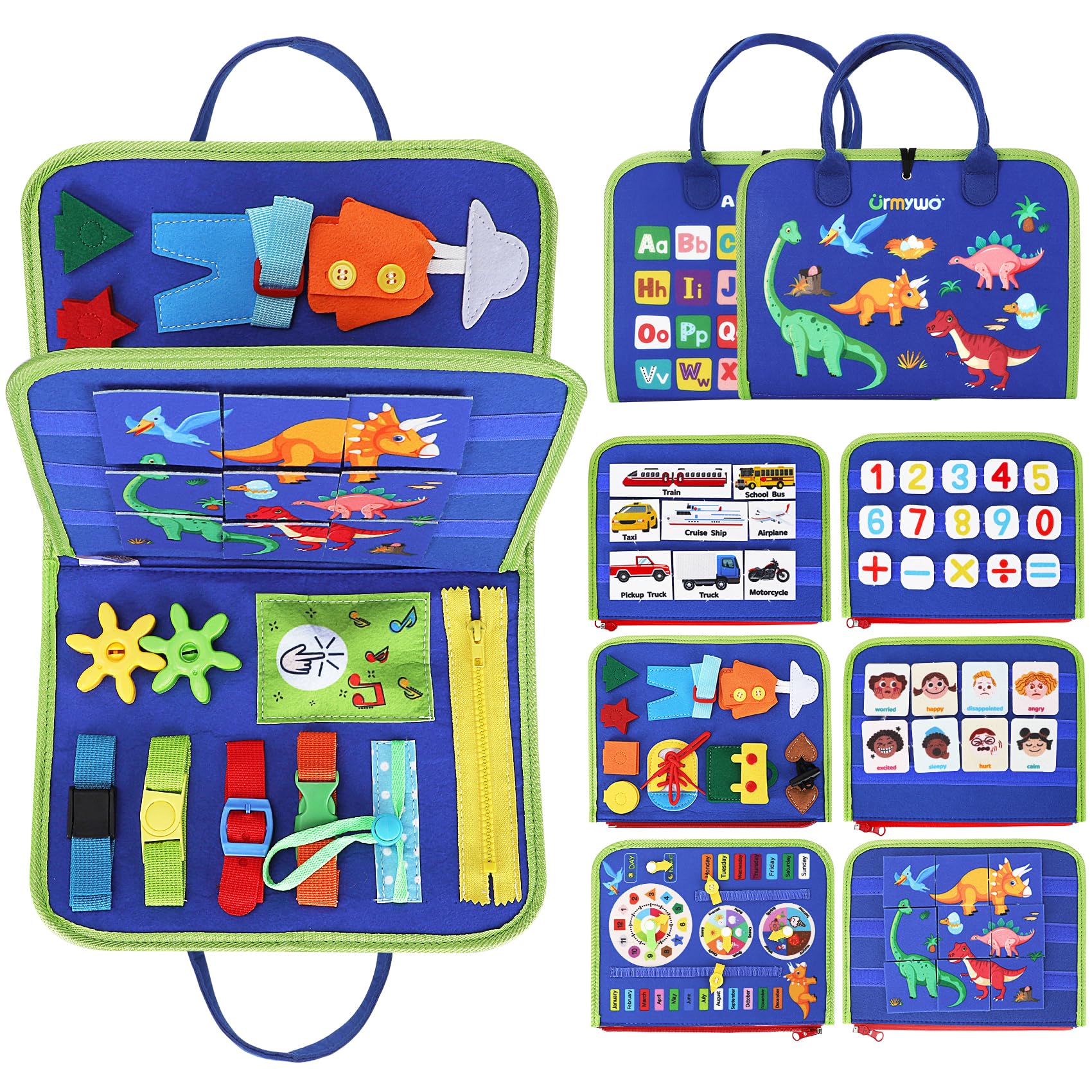 Photo 1 of URMYWO Busy Board for Toddlers, Montessori Toys Busy Book for 1 2 3 4 Year Old Toddlers Preschool Learning Activities with Alphabet Number, Animal Travel Toys Gifts for Plane Car Motor Skills Blue