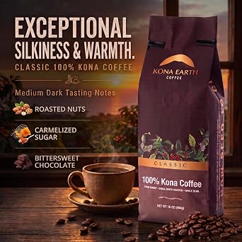 KONA EARTH - 100% Kona Coffee, Classic Medium Dark Roast, Whole Bean, 1 lb (16oz) Farm-Direct Authentic Hawaiian Kona Coffee beans from Hawaiis Big Island, Small-Batch Roasted, Award-Winning