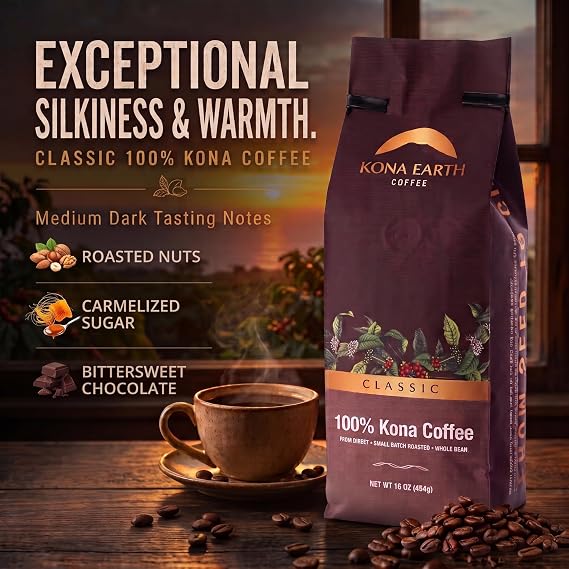 KONA EARTH - 100% Kona Coffee, Classic Medium Dark Roast, Whole Bean, 1 lb (16oz) Farm-Direct Authentic Hawaiian Kona Coffee beans from Hawaiis Big Island, Small-Batch Roasted, Award-Winning