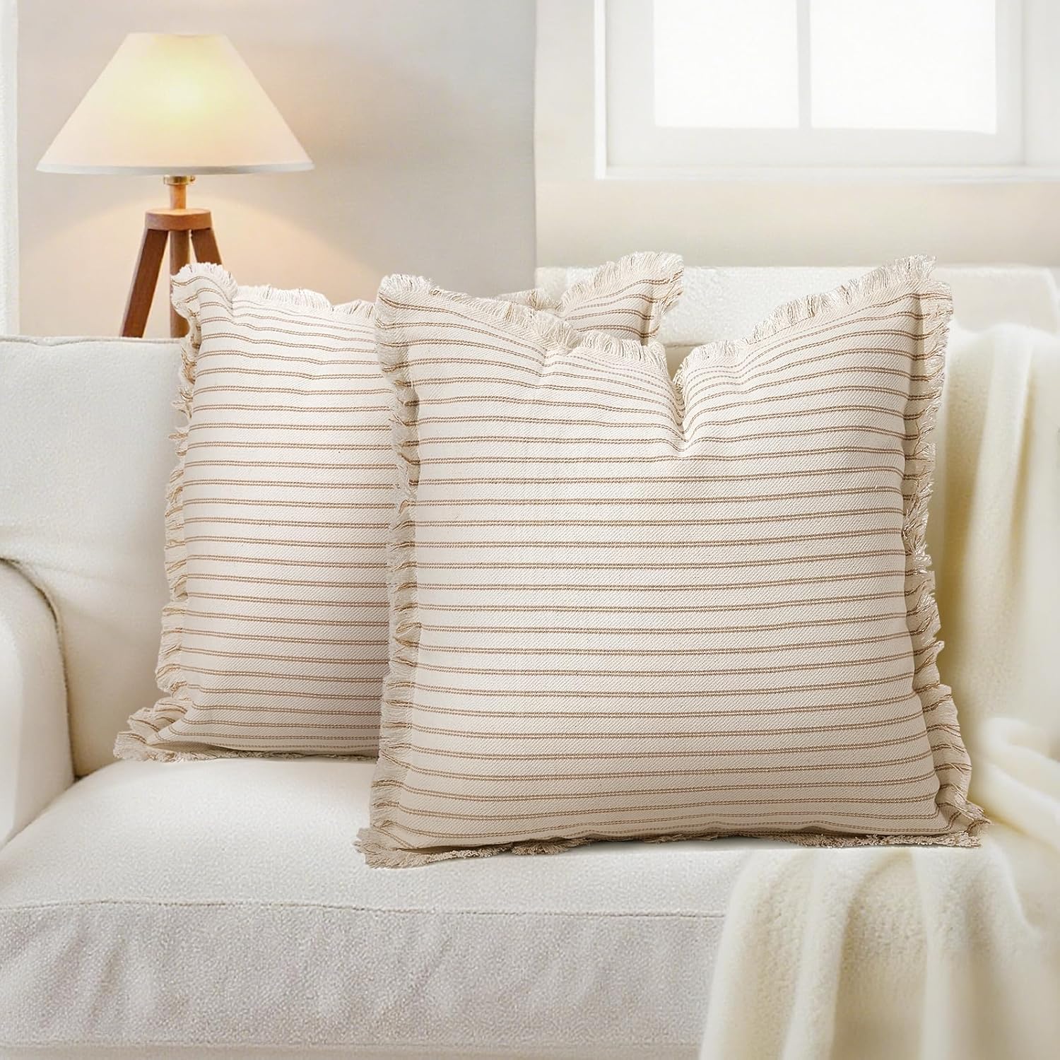 HEAVYWOOD Throw Pillow Covers Striped Boho Cushion Cover with Tassels Fringe Linen Accent Neutral Decorative Pillowcase for Sofa Couch Living Room Home Decor (Khaki, 26 * 26)