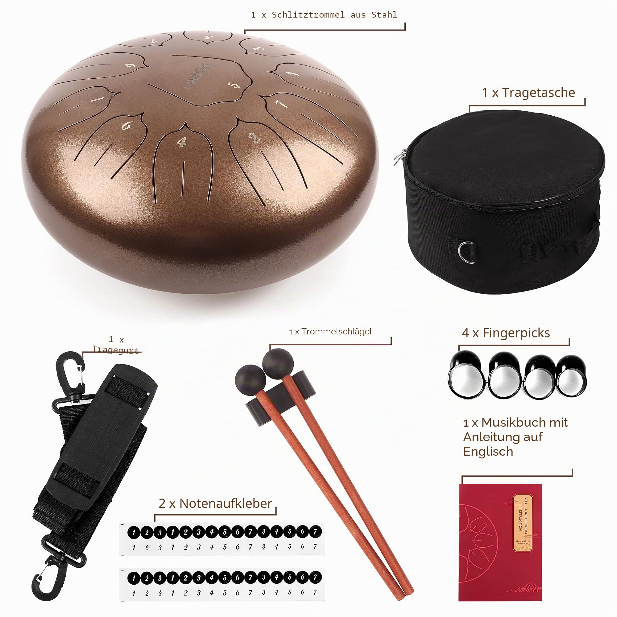 Stahlzungentrommel, 12 Zoll 30 cm Steel Tongue Drum, C-Dur 11 Noten, Handtrommel HandPan Drum mit Drumsticks,Musikbuch,Tragetasche und Fingerpicks(Braun)