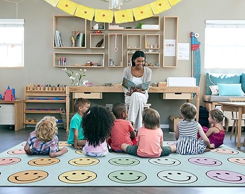 Miniatura 6 de Flagship Carpets Schoolgirl Style - Alfombra educativa con diseño de sonrientes de arcoíris pastel para habitación de los niños, aula infantil para