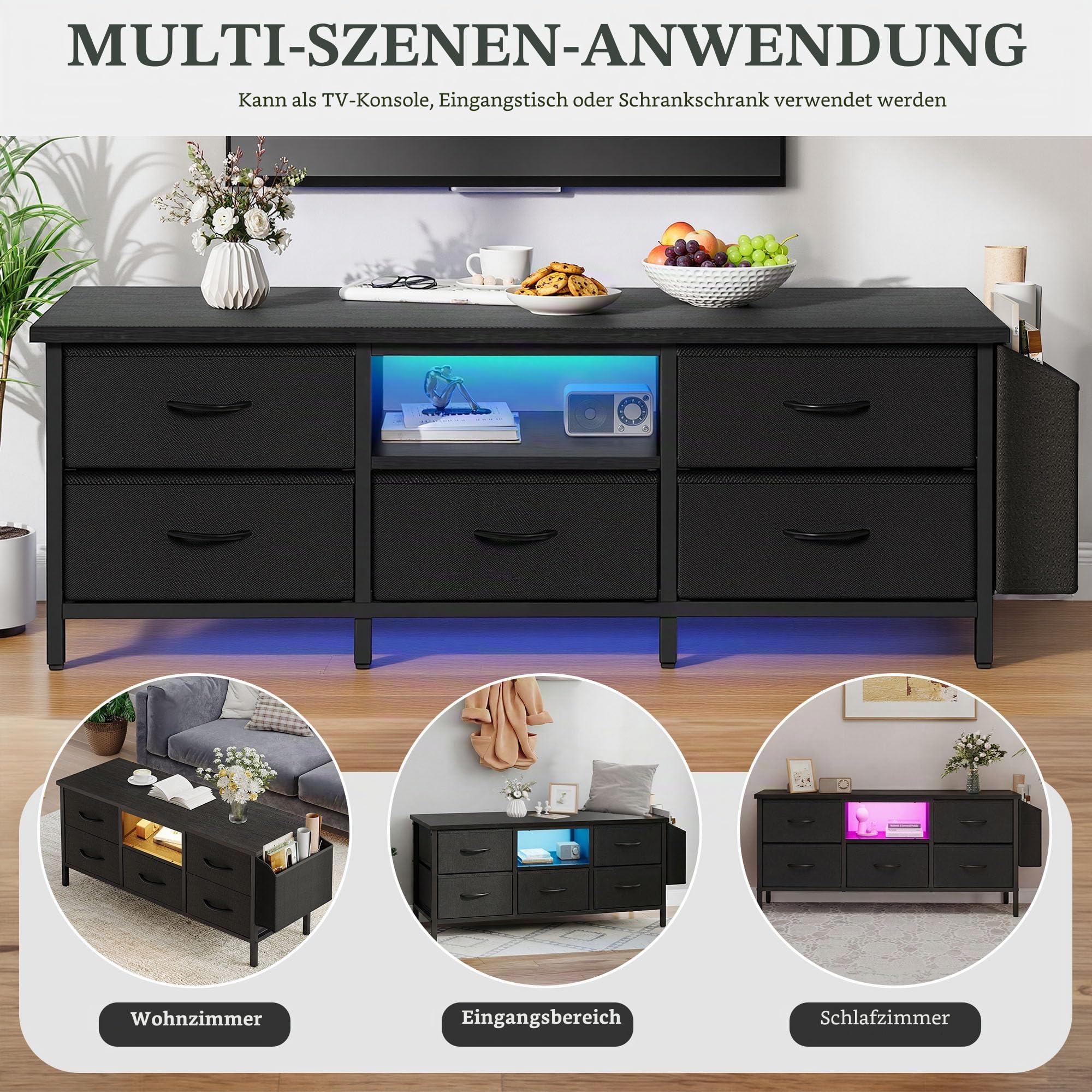 YITAHOME TV-Schrank, TV-Ständer für Wohnzimmer mit 5 faltbaren Schubladen und Regalen, TV-Ständer mit RGB-LED-beleuchtetem TV-Entertainment-Center mit Schrank, 145 x 35 x 50 cm, Schwarz