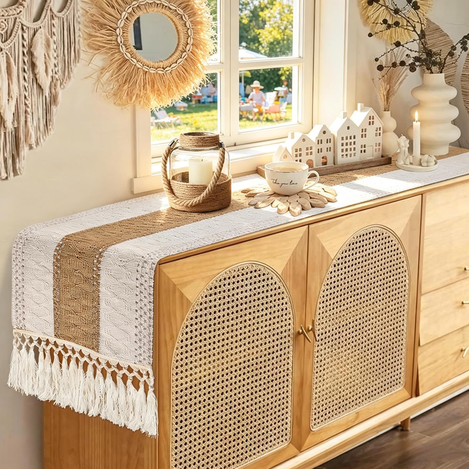 Amazon.com: tiosggd Boho Table Runner 72 inches for Dining Table, Spring  Summer Burlap Table Runner, Long Dresser Runners Cove Top for Bedroom,  Buffet Cabinet, Console Table, Rustic Farmhouse Table Decor : Home