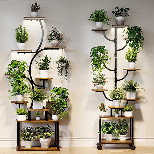 Miniatura 8 de Soporte curvo para plantas de 9 niveles, estante alto de metal y madera para plantas de interior con diseño arqueado único, soporte para macetas de