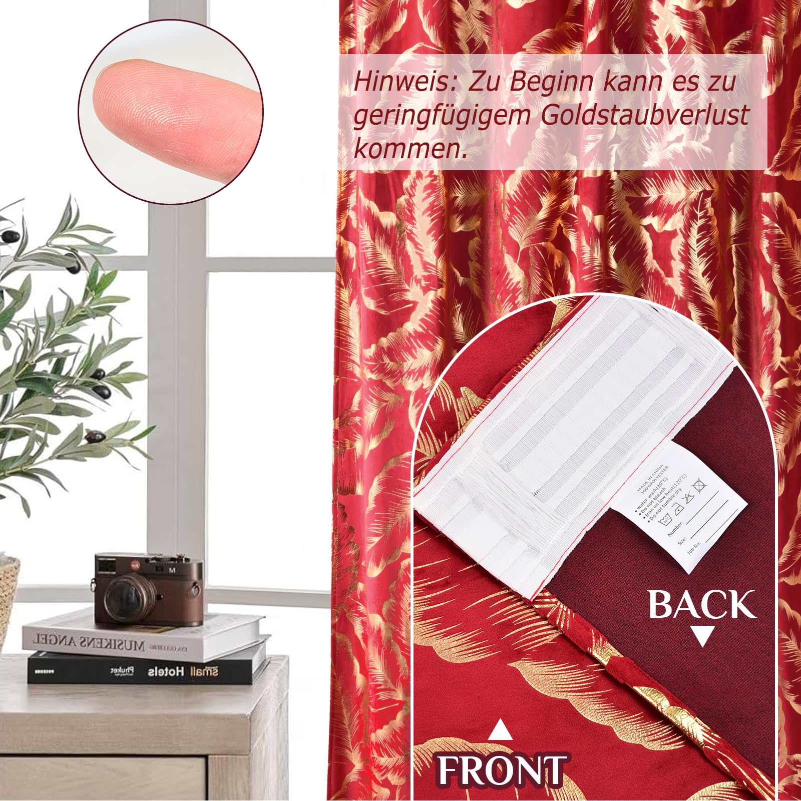 Lot de 2 rideaux en velours avec motif feuilles dorées - Beaux rideaux en velours - Opaques - Avec ruban fronceur - Pour salon, chambre à coucher - H 274 x l 132 cm - Rouge Noël