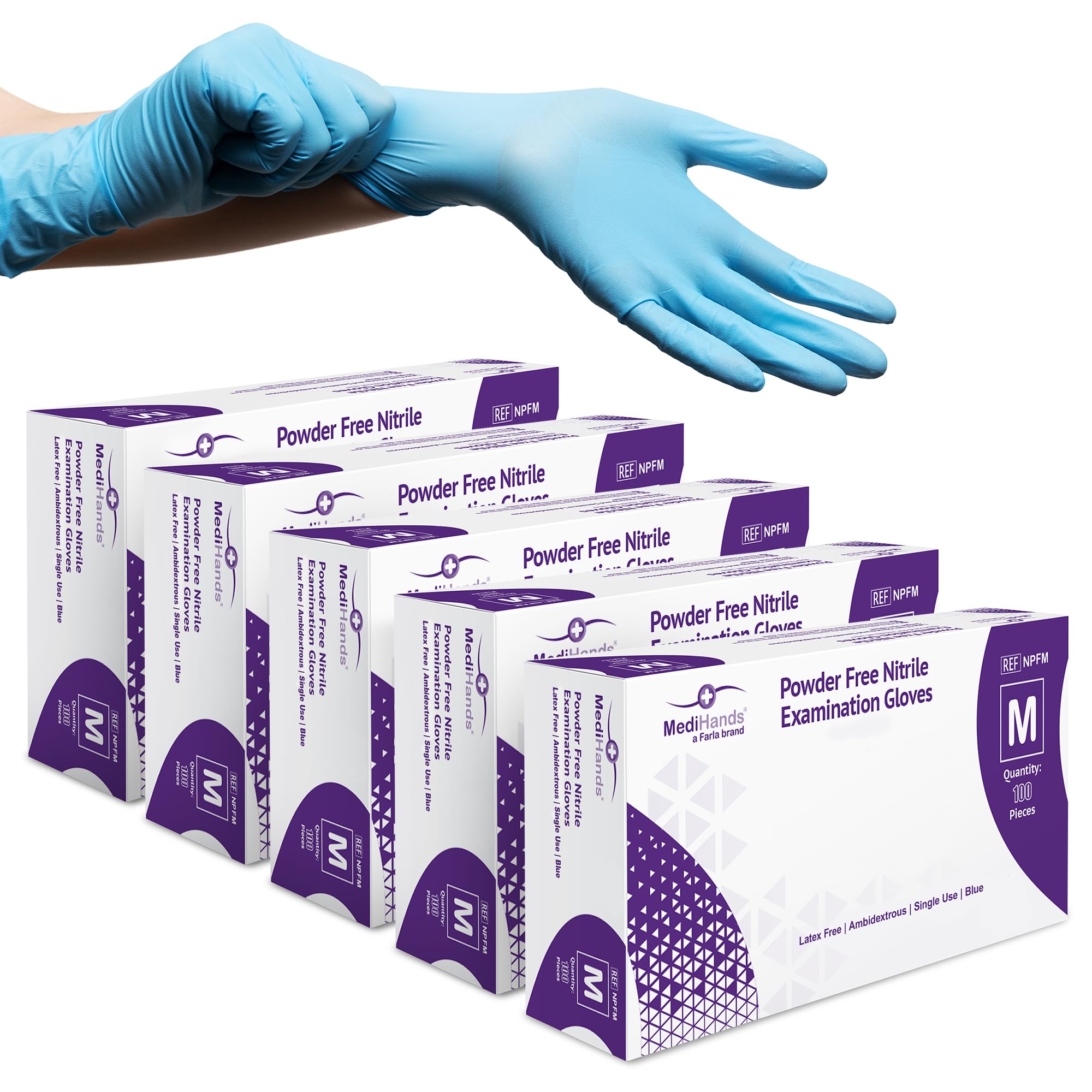 MediHands Nitrile Gloves Medium, Blue Heavy Duty Disposable Gloves, Powder Free, Latex Free, and Protein Free, Medical, Food, Multi Use, Pack of 500