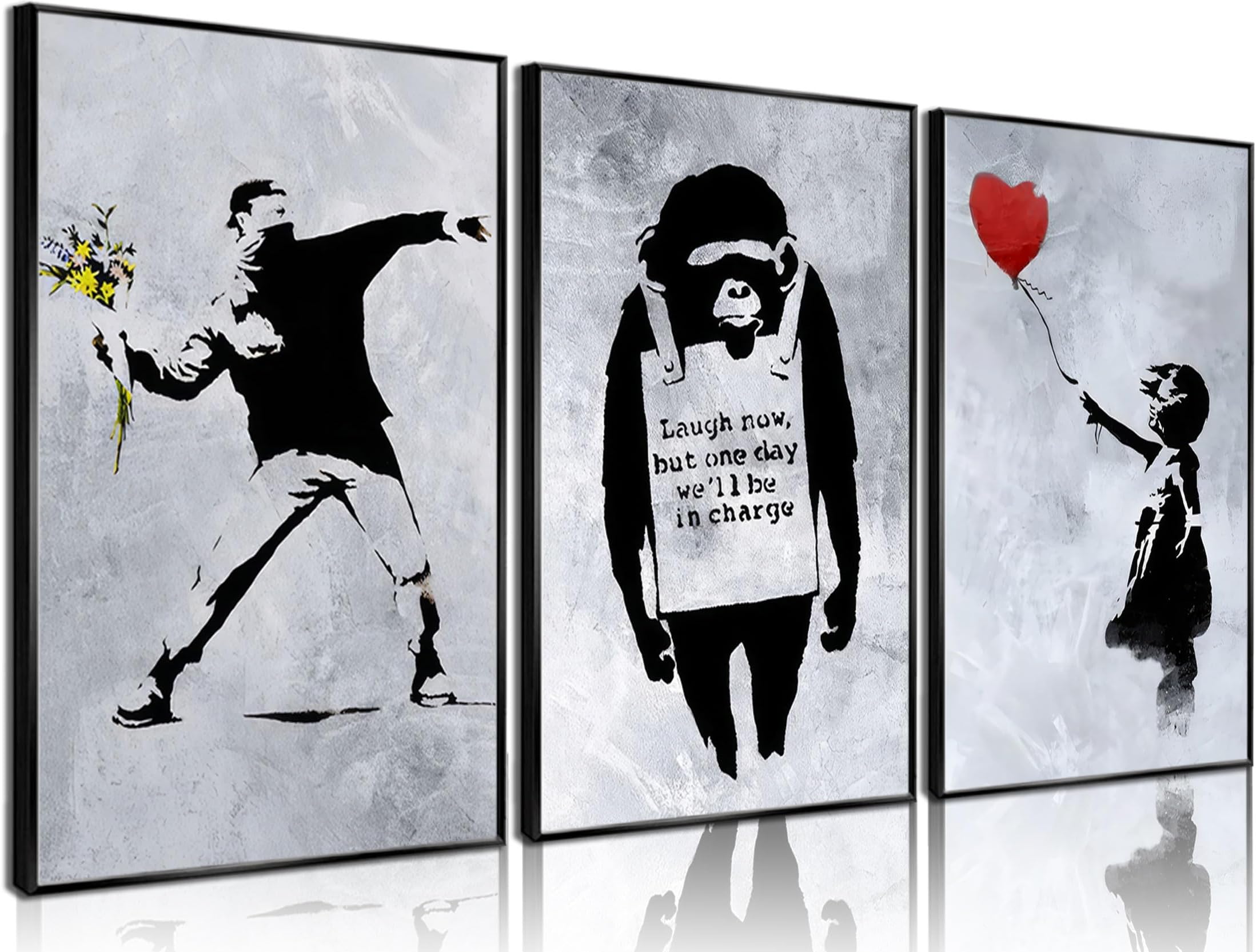 3 Pcs Banksy Street Graffiti Wall Art Man Throwing Flowers Art Canvas Paintings Girl Balloons Posters Prints Images of Living Room Bedroom Teen Room Wall Decor Pictures Unframed