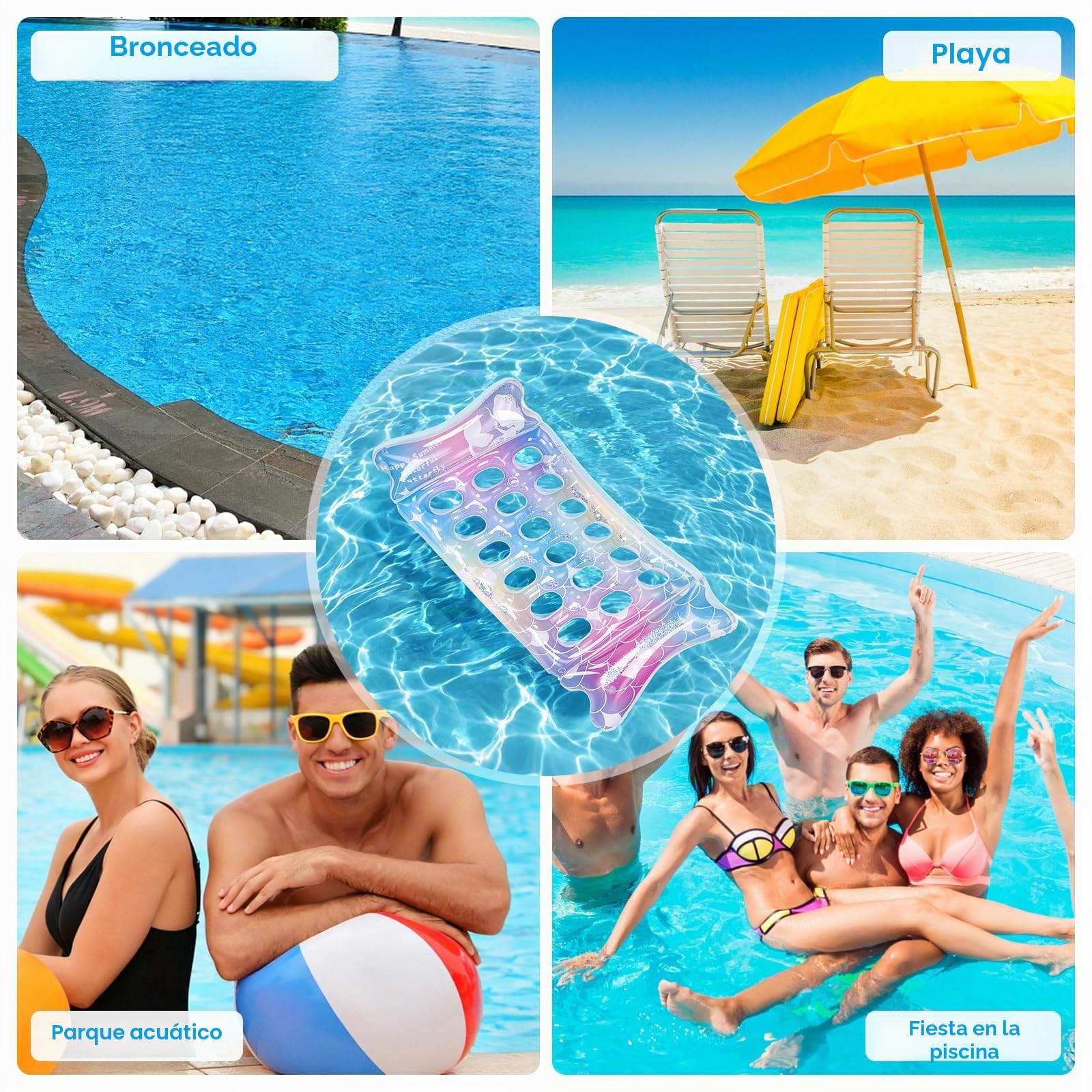 SelfTek Colchoneta de Sirena para Piscina para Adultos - Colchoneta Hinchable Arcoíris con Respaldo para la Cabeza y Drenaje de Agua, PVC Resistente a UV para Toma de Sol, Piscina de Bronceado