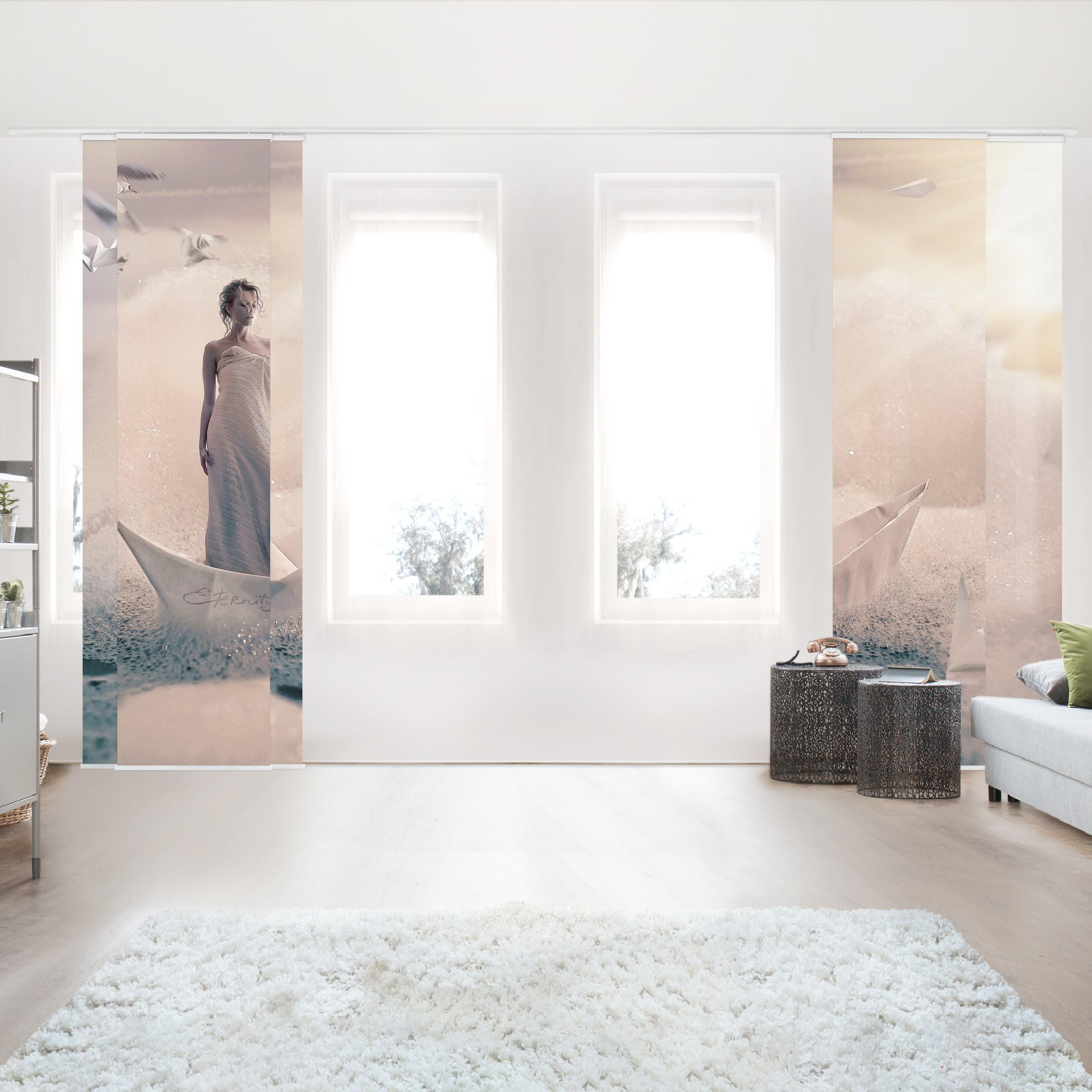Schiebegardine halbtransparent 60er Paneel Klett Portrait Textil lichtdurchlässig - Boot Modern Flächenvorhang Wohnzimmer Schlafzimmer 1236 (300x250 cm - 5er Set)