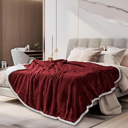 PAVILIA - Manta de vellón, sherpa, felpa, tamaño individual, rojo borgoña, suave, cálida, mullida, vino granate para sofá, sólida, reversible,