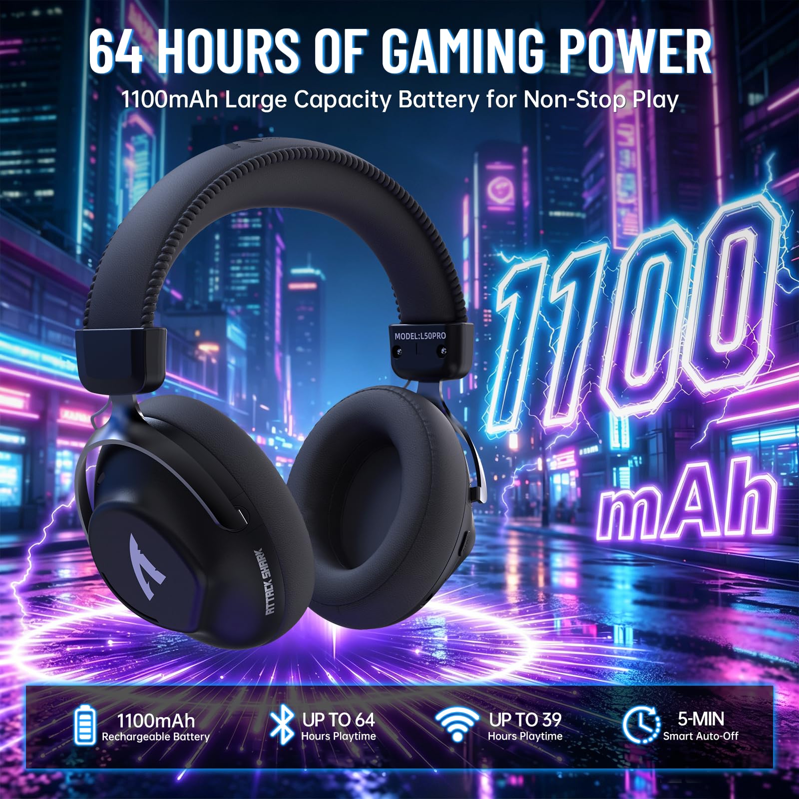 ATTACK SHARK L50PRO Auriculares Gaming Inalámbricos Sonido 7.1 Modos EQ Transductores 53mm Triple Conexión Batería 1100mAh Circumaurales con Micrófono Desmontable Anti Ruido para PC/Xbox/PS4,Negro