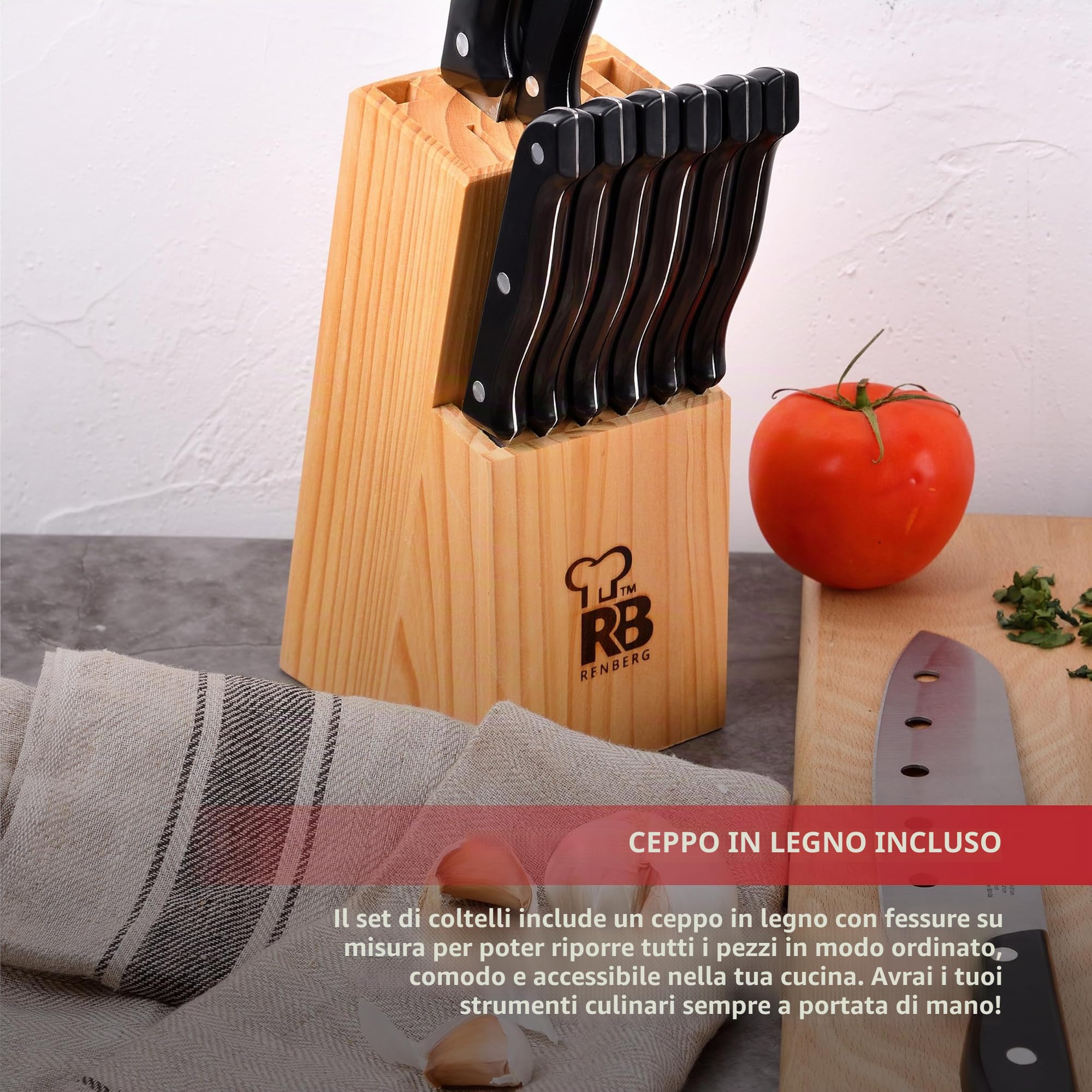 RENBERG Tenessy | Coltelli da Cucina | Set Completo di 15 Pezzi con Ceppo di Legno | Perfetti per Tagliare Ogni Ingrediente | Cucina Professionale | Fabbricati in Acciaio Inox