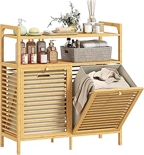 HOMCOM Double Tilt Out Laundry Hamper, Freestanding Bamboo Laundry Cabinet with 2 Removable Baskets and 2-Tier Storage Shelves for Bathroom, Laundry Room, Natural