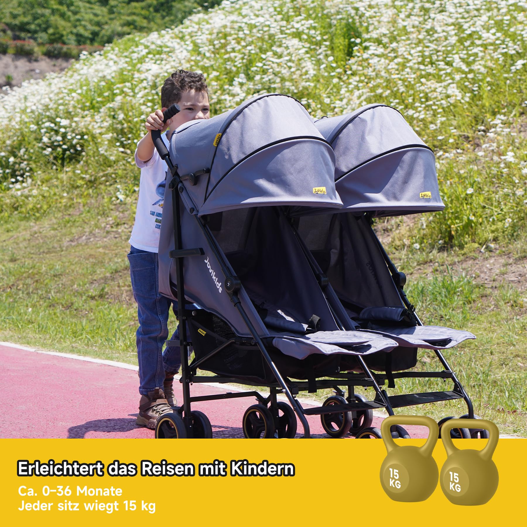 Jovikids Geschwisterwagen, Zwillingskinderwagen mit Liegefunktion, Klappbar Reisebuggy Inkl. Sonnenverdeck, Regenverdeck und Getränkehalter